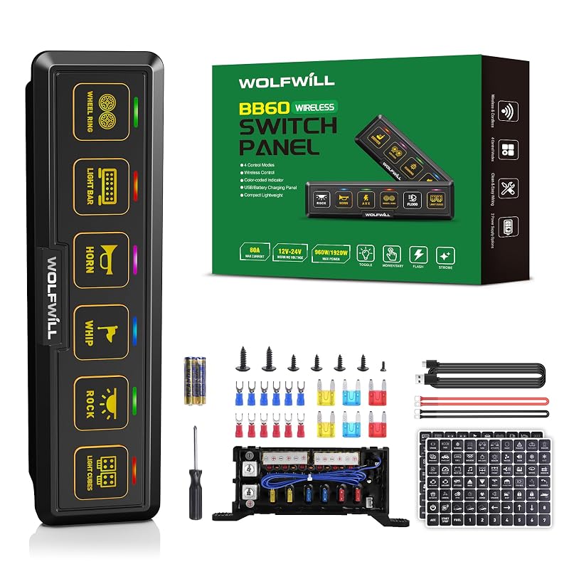 Painel de interruptores sem fio WOLFWILL 6 vias com controle Toggle, Momentâneo, Flash e Strobe – Kit