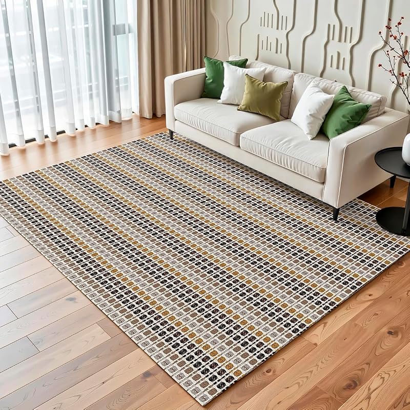 Tapete Sala Quarto Área Antiderrapante 1,40m X 2,00m 100% Algodão Lavável em Máquina Rústico Geométrico Decorativo Prático Resistente (Mostarda)