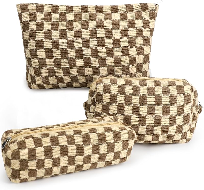 Necessaires de maquiagem EIMMBD com estampa xadrez, conjunto com 3, marrom