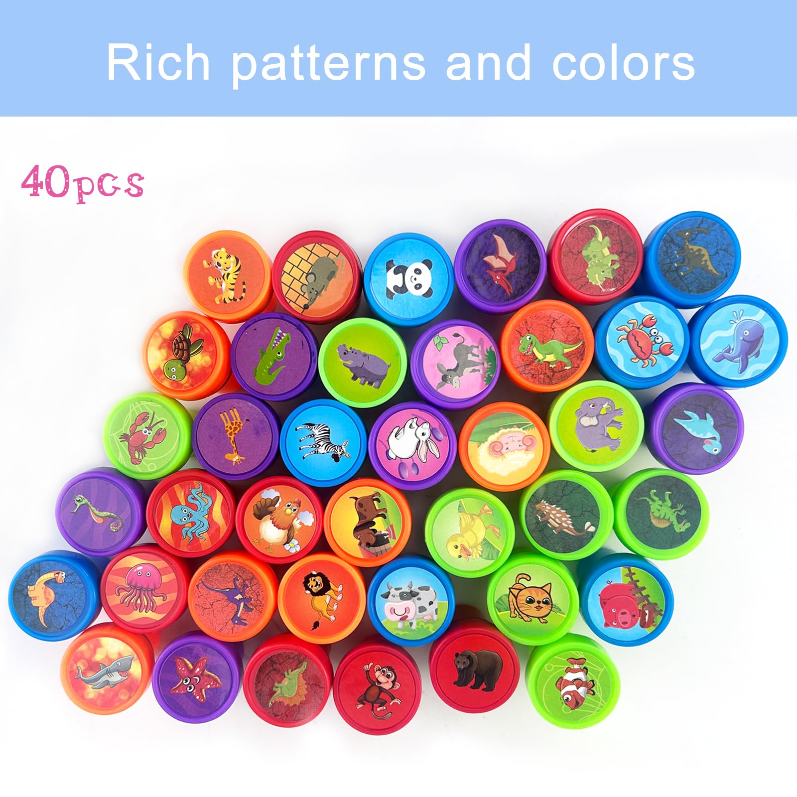 Diompirux 40 Piezas multicolor Juego de Sellos de Animales, Conjunto de Sellos para Infantil, Dibujos Animados Sellos de Tinta para Niños, para obsequios de fiesta, rellenos de bolsas de regalo