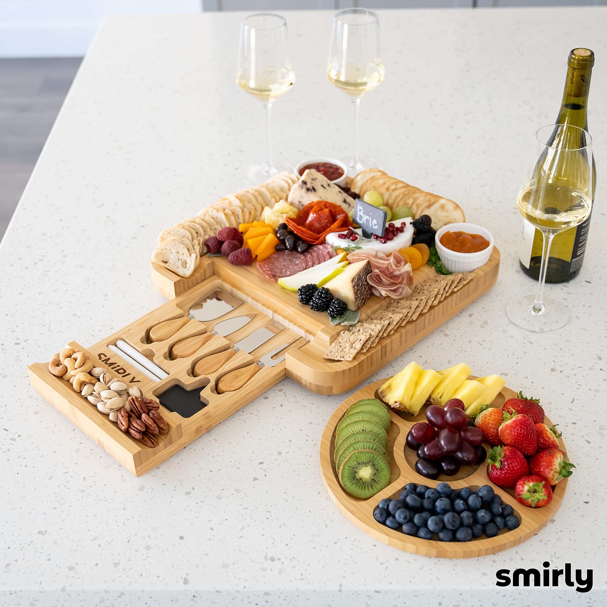 SMIRLY Bamboo Cheese Board and Knife Set Large Charcuterie Boards Set