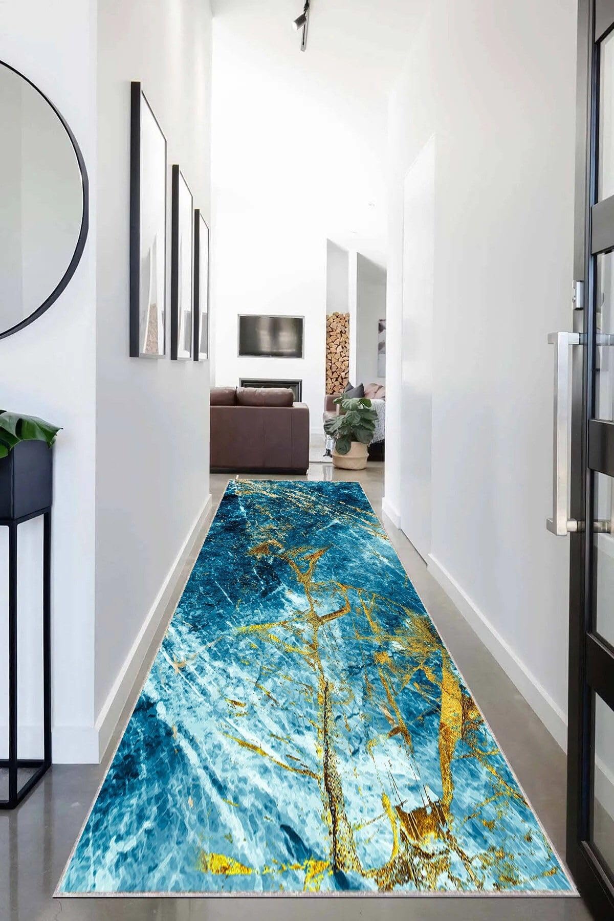 Pelangi Gold Detaylı Okyanus Esintili Dijital Baskı Yıkanabilir Modern Salon Halı, Mavi 100 x 250, 95547261002507