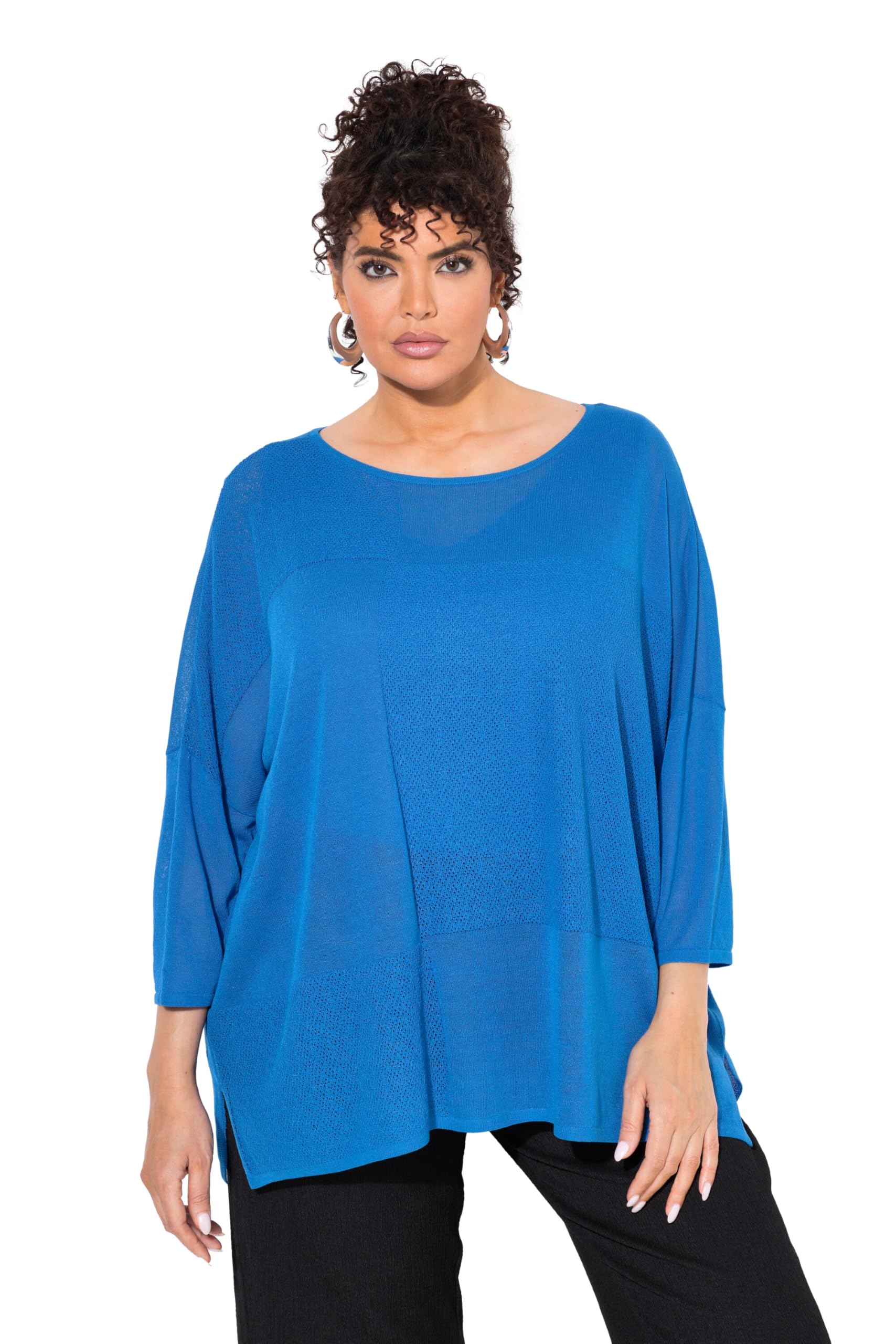 Ulla Popken Damen große Größen Übergrößen Plus Size Pullover, Karostruktur, Oversized, Rundhals, Halbarm 838410