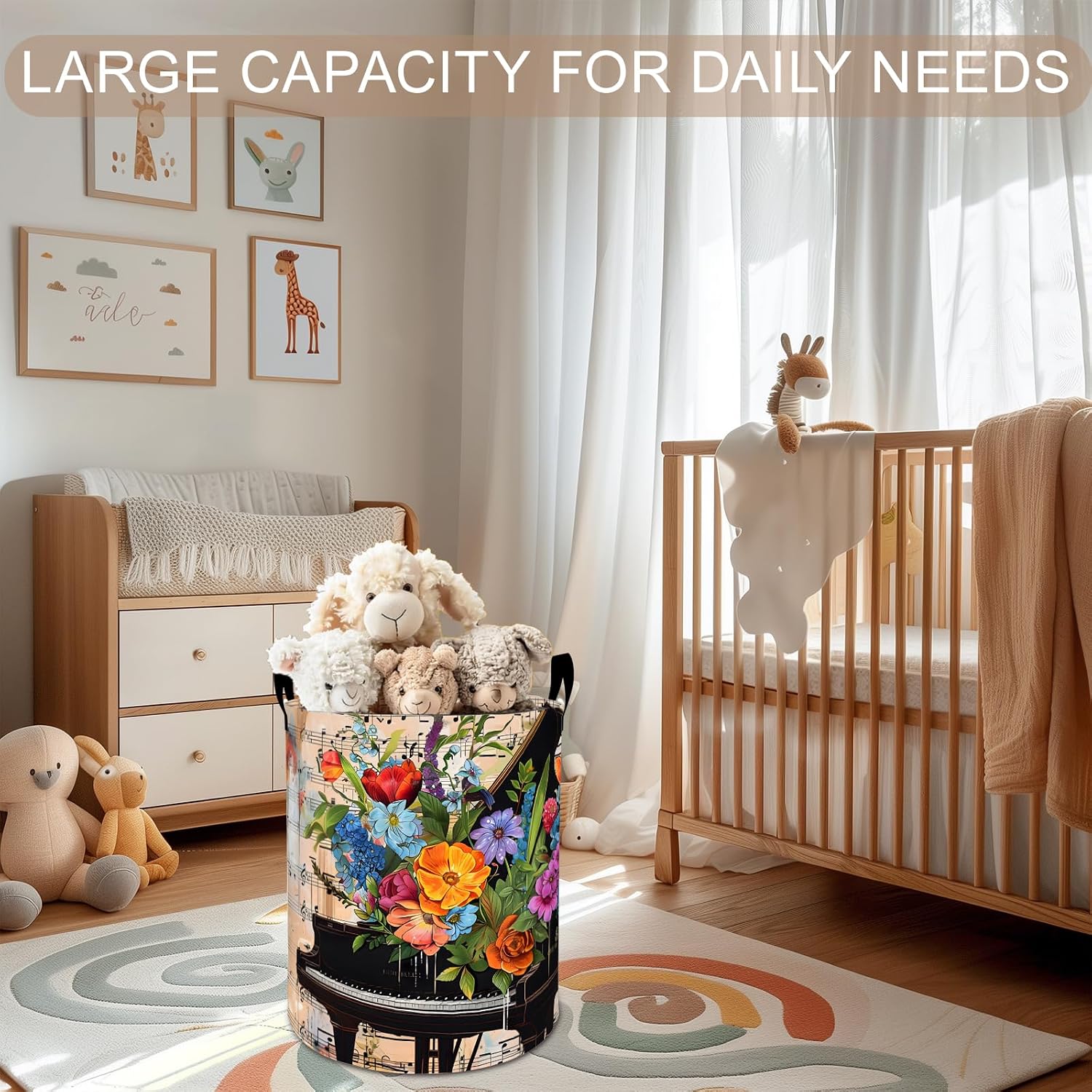 Floral Piano Laundry Basket Hamper 19.7"x15.8", Vintage Music Foldable Waterproof Oxford Clothes Storage Bucket for Room Bathroom Bedroom Nursery Decor, Toy Organizer Bins Gifts for Kids Boys Girls
