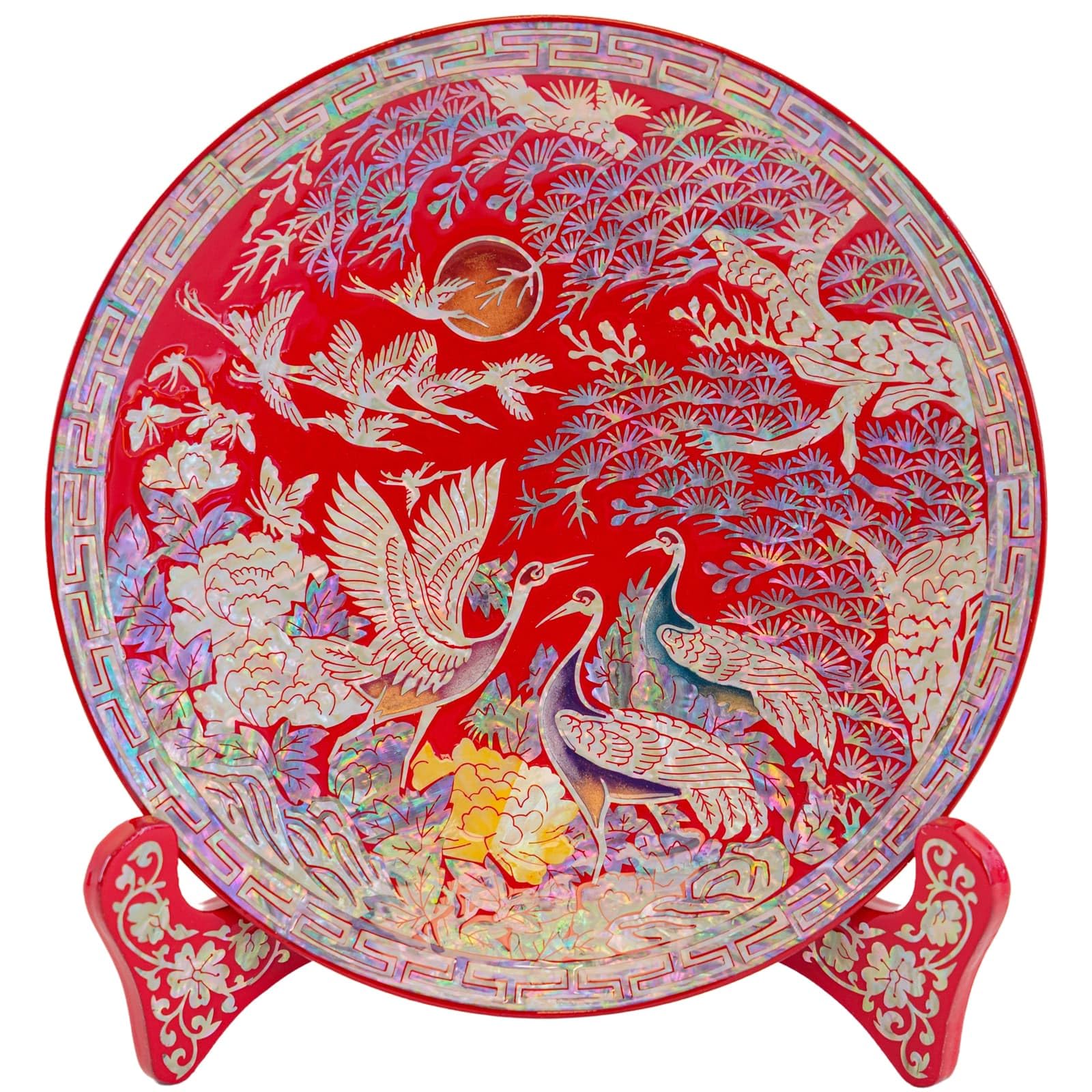February Mountain Traditional Mother-of-Pearl Inlaid Decorative Plate with Crane and Pine Tree Design Including Display Stand