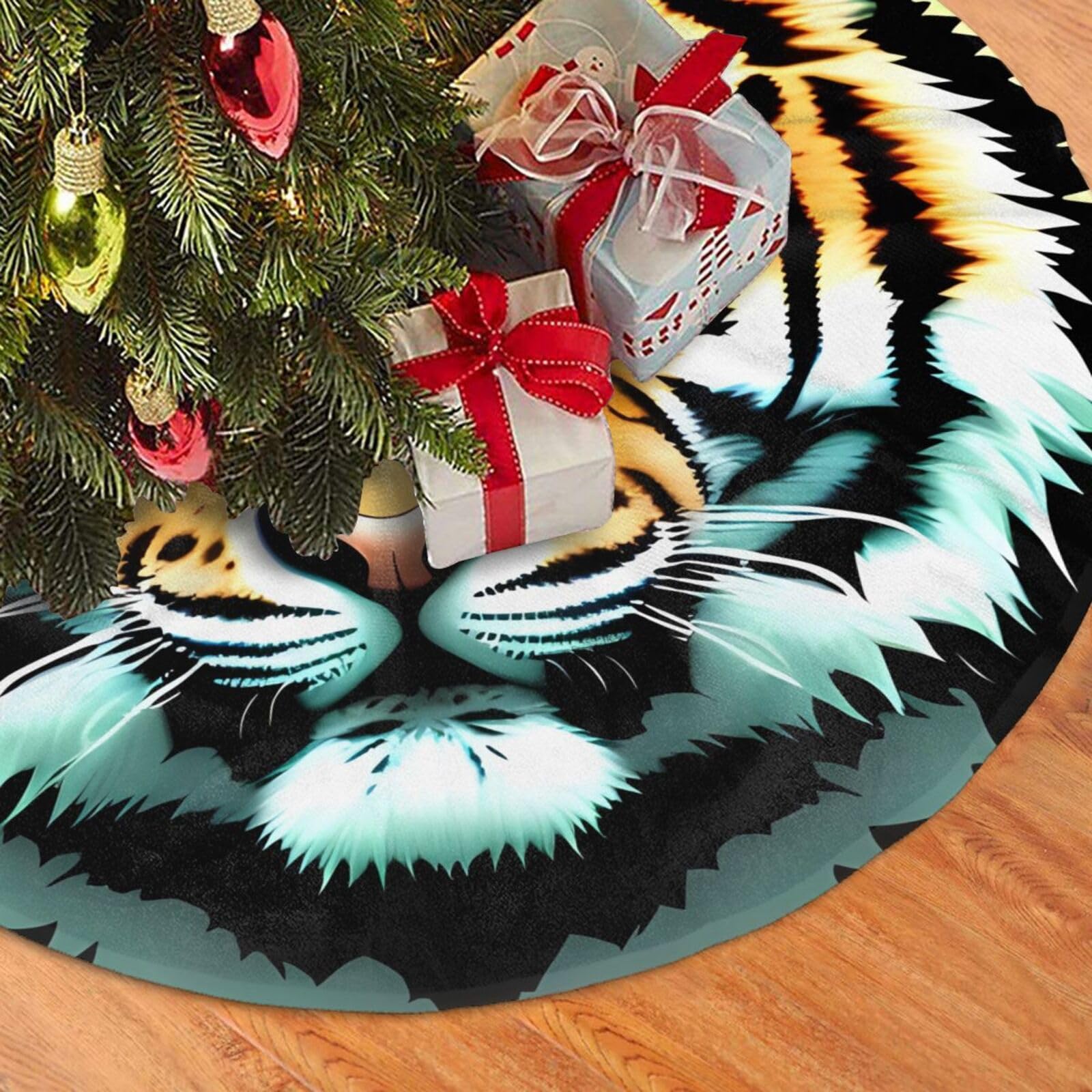 Fodpand Black Little Fat Tiger Head Christmas Tree Skirt 48" Velvet Xmas Tree Skirt Mat Rustic Christmas Tree Mat Cover Winter Xmas Tree Collar For Indoor Outdoor Christmas Decorations