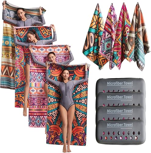 Hiturbo Paquete de 4 toallas de playa de microfibra, (71 x 35 pulgadas), toallas de viaje de gran tamaño, sin arena, toalla de natación de secado