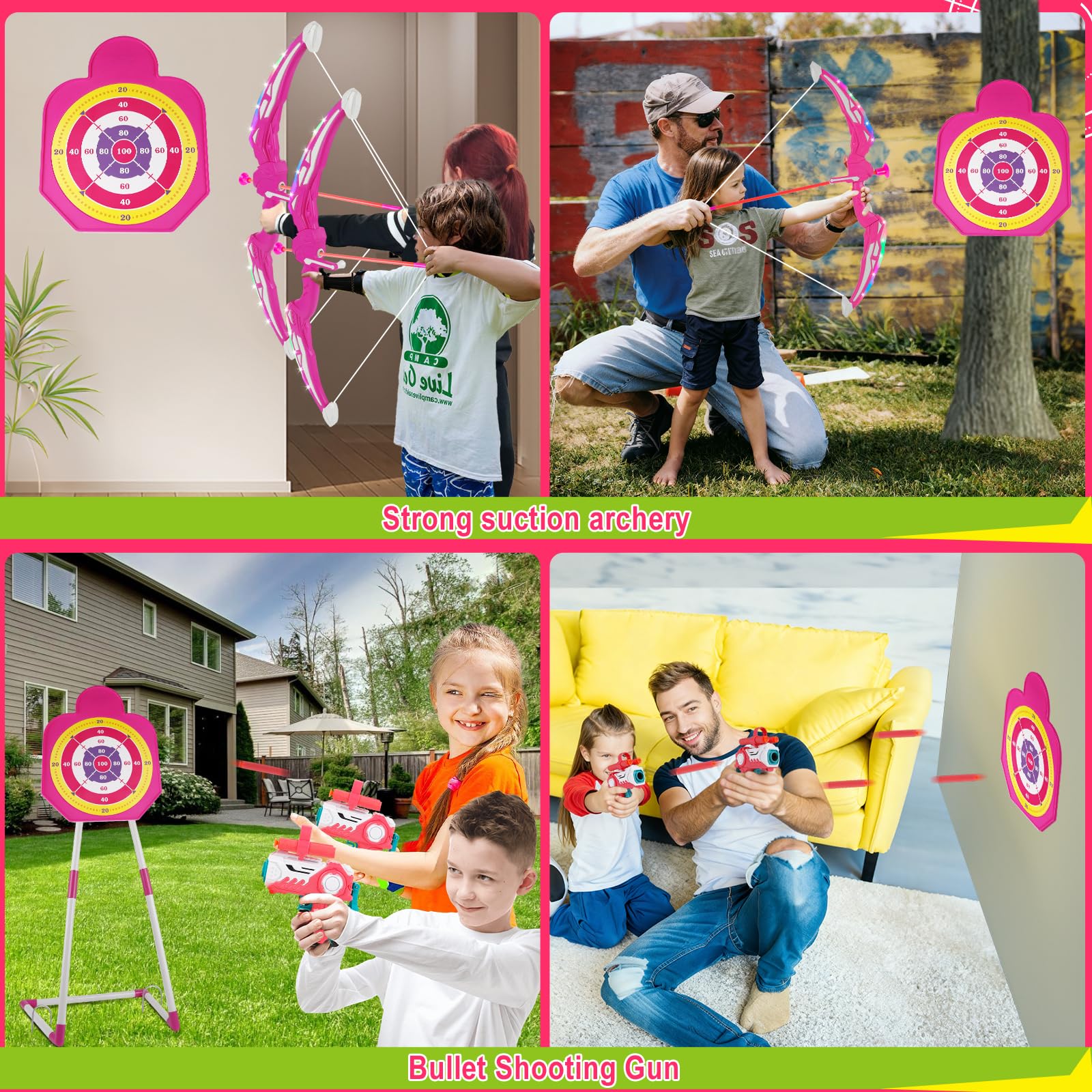 2 Pack Arco e Freccia per Bambini con Luci LED, Giocattolo per Bambini Tiro con l'arco Luminoso, Giocattolo Interno ed Esterno per 3-12 Anni Regalo Ragazzi Ragazze (Rosa)