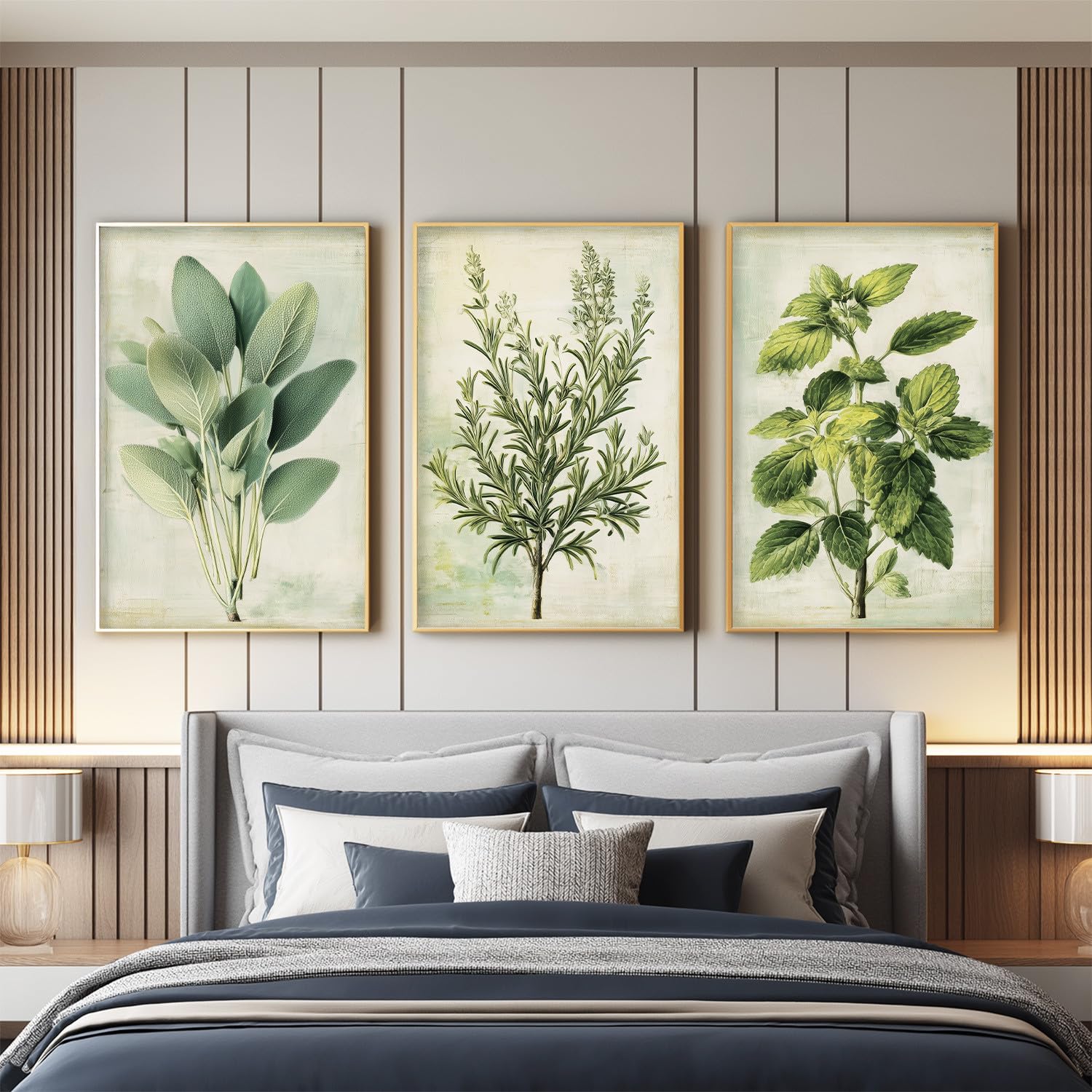 Juego de arte de pared en lienzo sin marco, imágenes botánicas vintage de naturaleza para decoración de pared, obras de arte de hierbas, salvia, romero, verde, niebla, para sala de estar, dormitorio