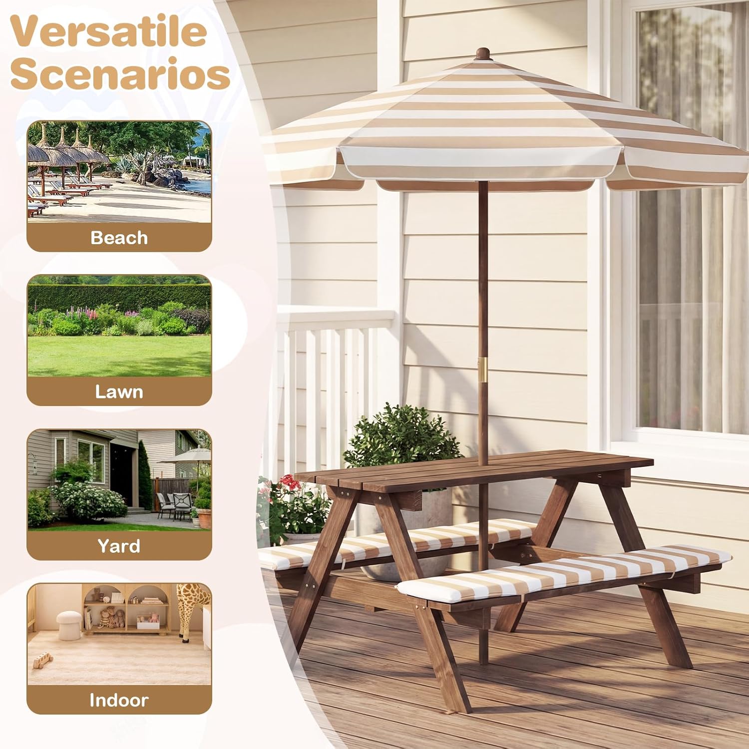 Costzon Kids Picnic Table, Wooden Toddler Outdoor Table & Bench Set with Removable Umbrella & Cushions, Stripe Fabric, Kids Outdoor Furniture for Patio Backyard Garden, Fits 4 Children Age 3+ (Coffee)