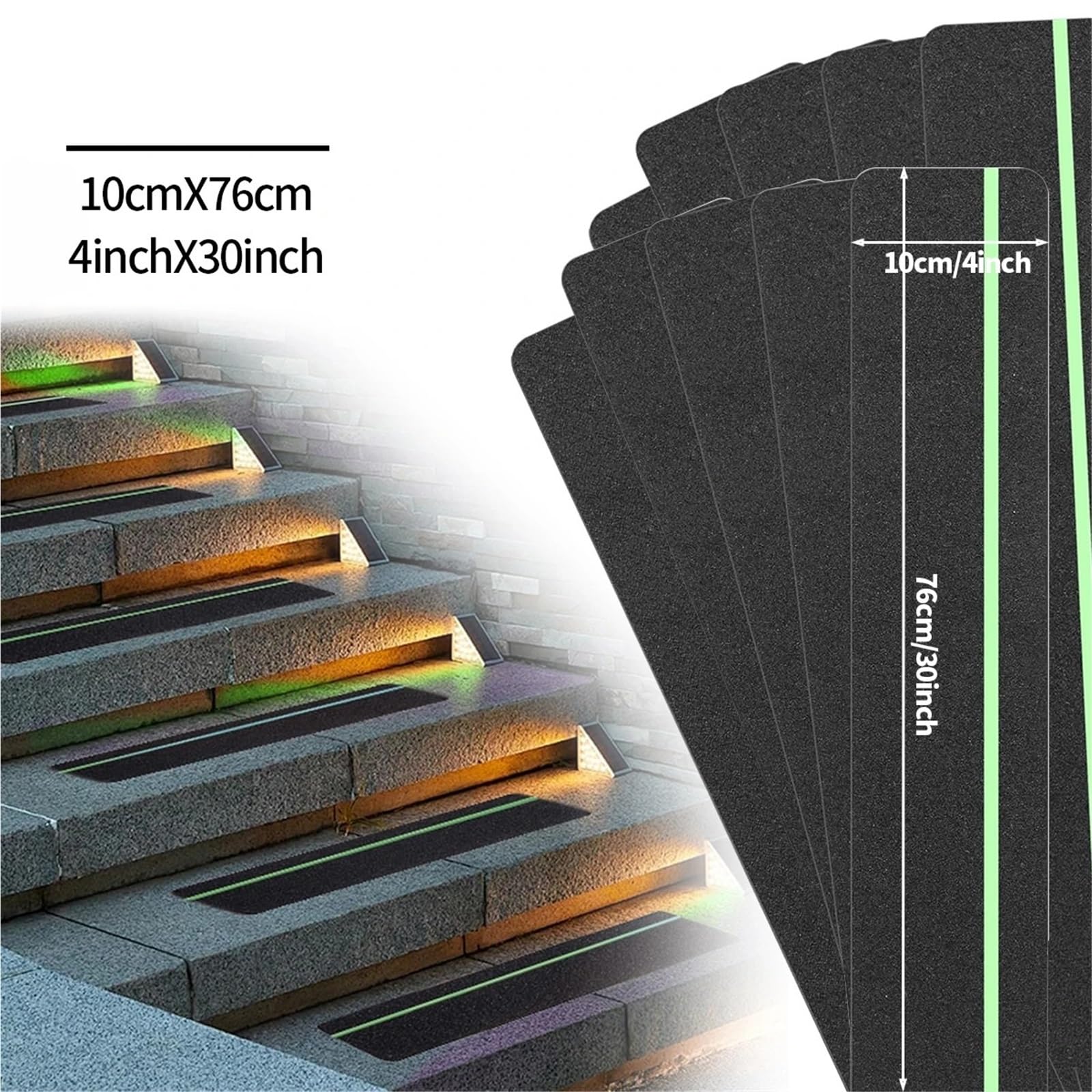 Cinta Antideslizante Cinta de tracción antideslizante que brilla en la oscuridad, con rayas verdes y adhesivo abrasivo de fricción for escalones de escalera, for interiores y exteriores.(Black 10pc)