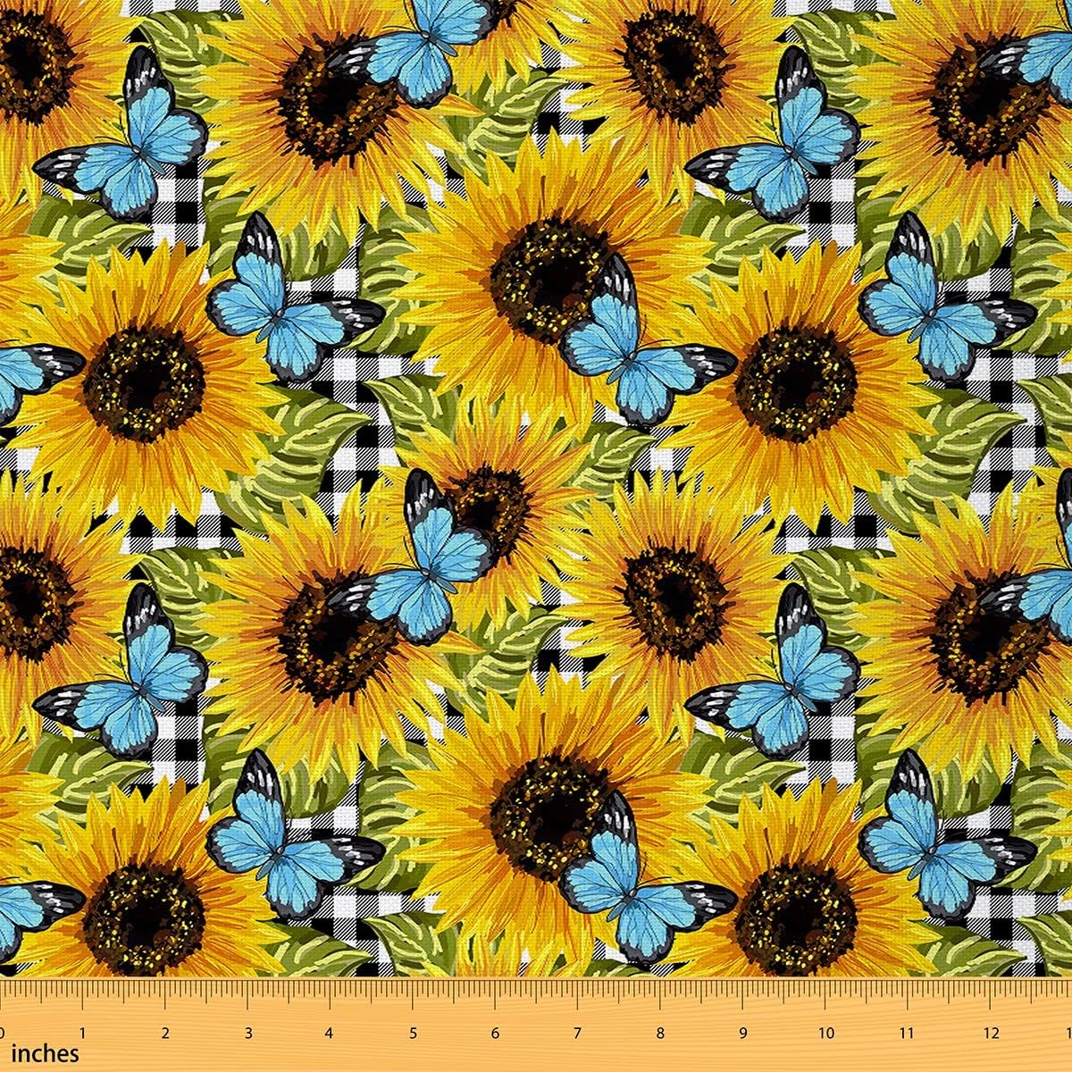 Girls Sunflower Fabric by The Yard, Blue Upholstery Fabric