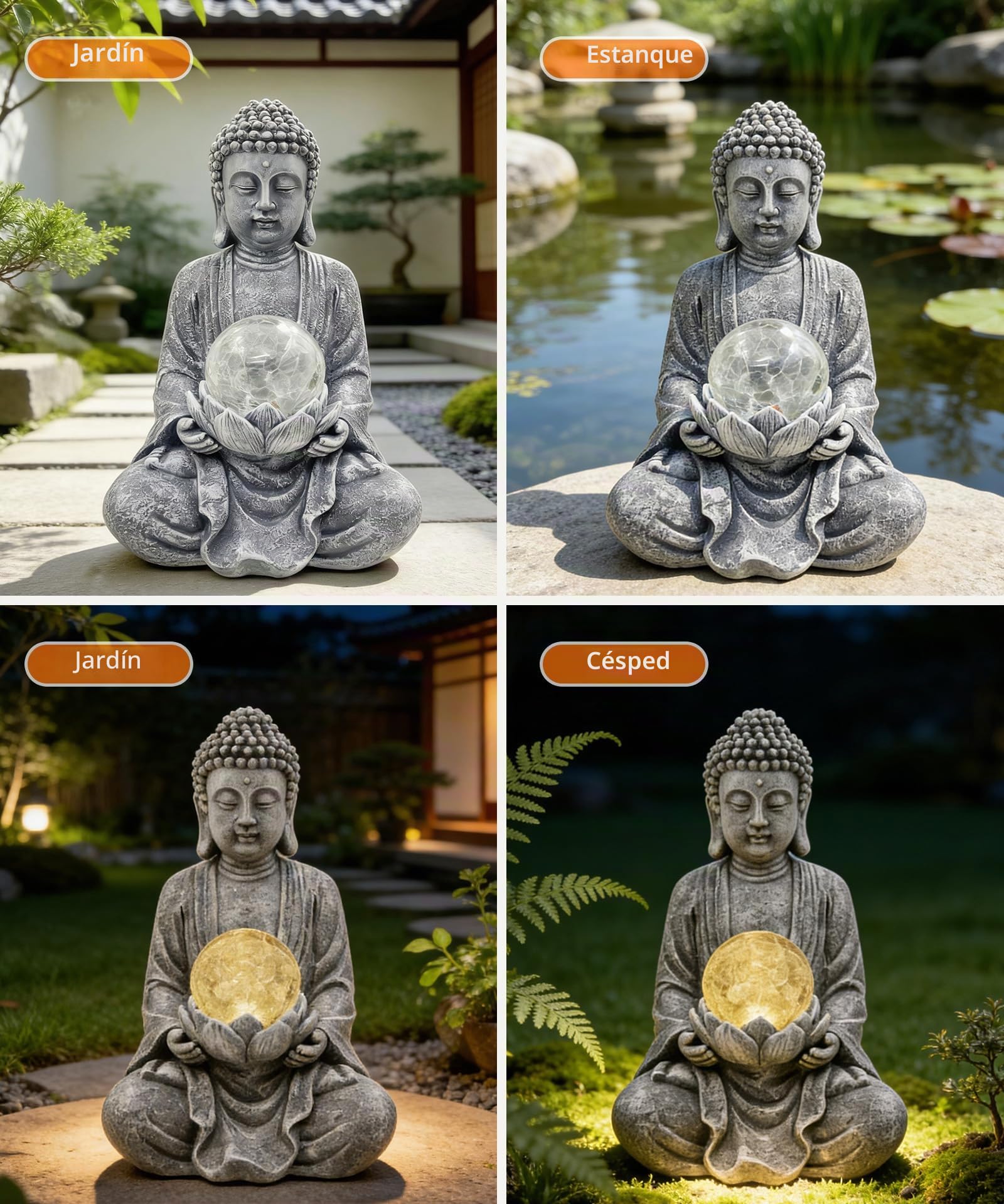 Goodeco Adorno de Buda meditando con luz solar, estatua de Buda de jardín solar zen con escultura de bola de vidrio agrietado, decoración de interiores y exteriores, porche, 26.5 cm (gris)