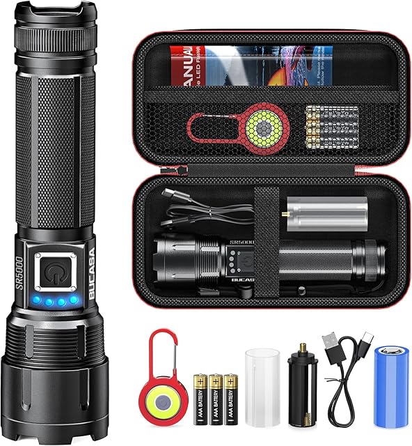 BUCASA Rechargeable Torch, 10000 Lumens Super Bright LED Torch with Type-C Charging and 5 Modes, Zoomable Waterproof Torches LED Super Bright Rechargeable for Outdoor Camping Dog Walking Gifts