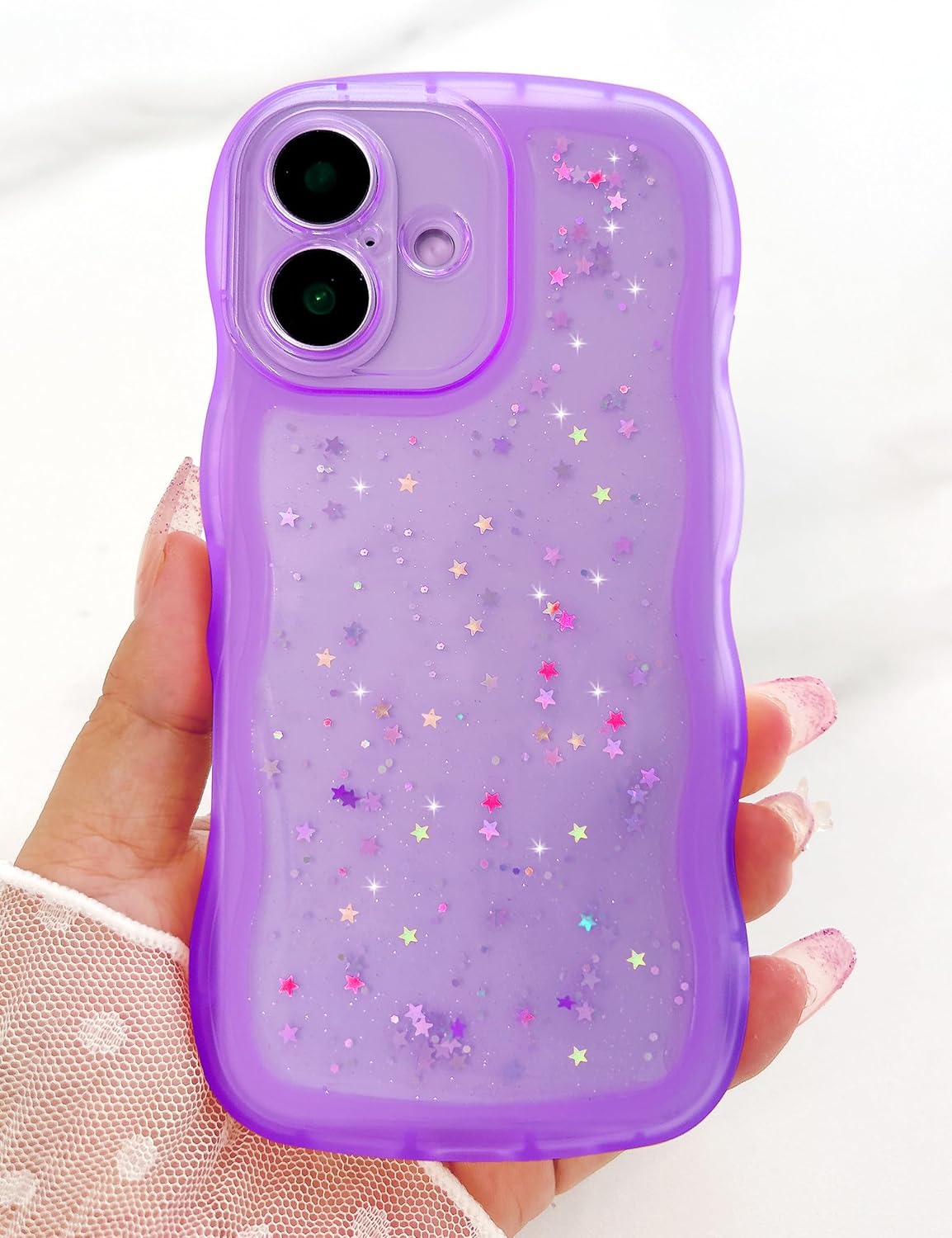 Qokey Compatible iPhone 16 Case, 6.1" Curly Wave Design, Transparent Bling Glitter Star Shiny, Cute Clear Transparent Shockproof Protection Soft Phone Cover for Women Girls, Purple - Image 4
