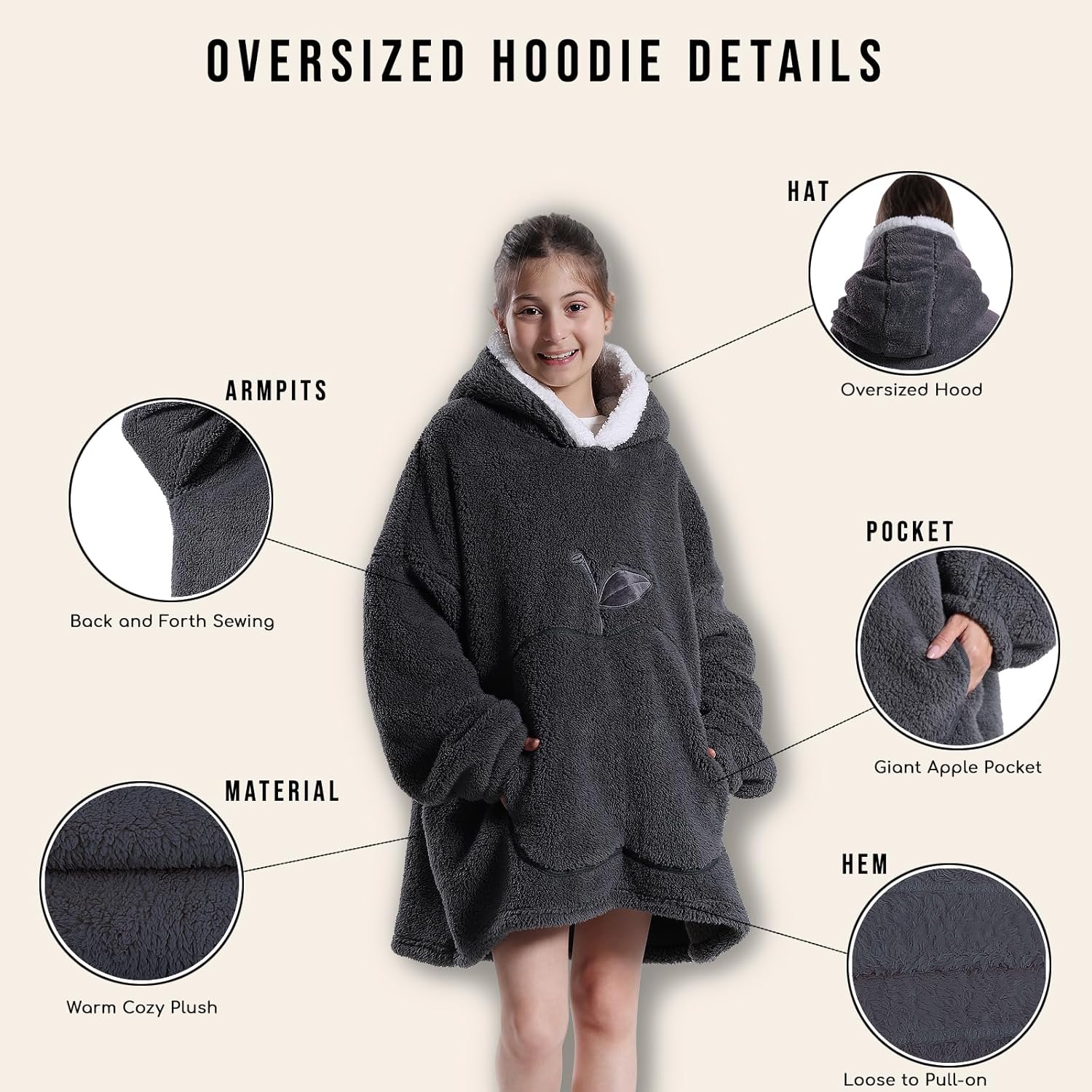 Wearable Kids Blanket Hoodie, Oversized Hooded Blanket for Girls Fluffy Plush Blanket Sweatshirt Warm Cozy Gifts - Image 6