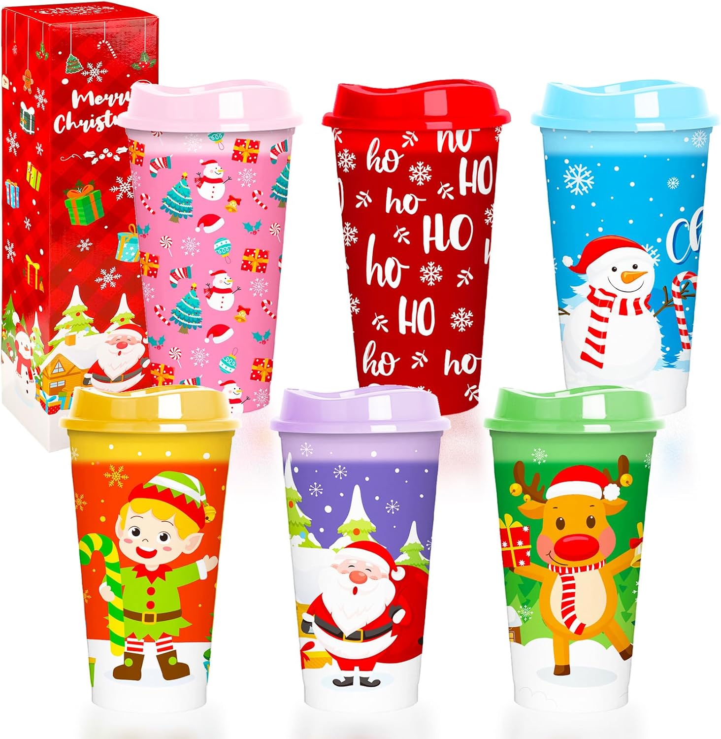 Jansun 12pcs Christmas Color Changing Hot Cups with Lids 16Oz Reusable Plastic Coffee Cups for Party Decorations Winter Christmas Cups for Holiday Birthday Party Favors Supplies