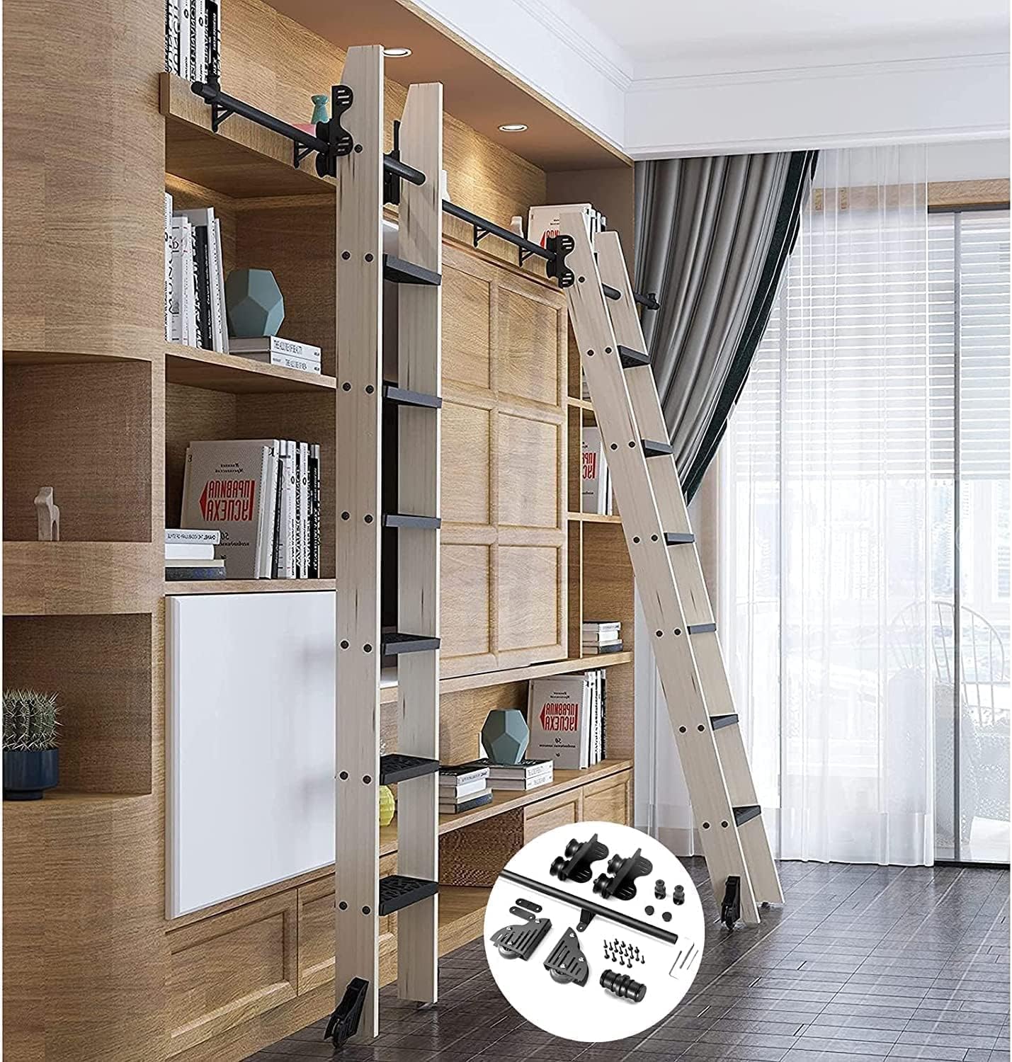 Rolling Library Sliding Ladder Hardware Kit - Sliding Barn Door Track Hardware Accessories, Attic Mobile Ladder Rail with Rollers, Black Carbon Steel Material, Stable Load-bearing