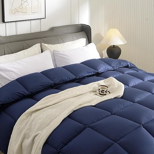 Miniatura 2 de Edredón de plumas de ganso alternativo, edredón acolchado azul marino tamaño King, edredón para todas las estaciones con pestañas en las esquinas,
