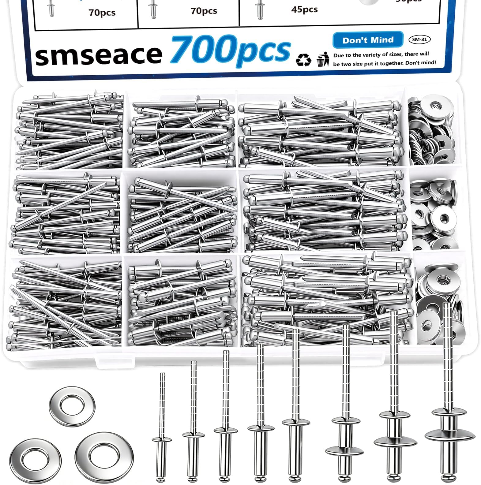 smseace 700Pcs 304 Stainless Steel Pop Rivets with Washer Assortment Kit 8-Sizes Stainless Rivets(1/8Inch 5/32Inch 3/16Inch) for Metal,Furniture,Automotive,Instruments
