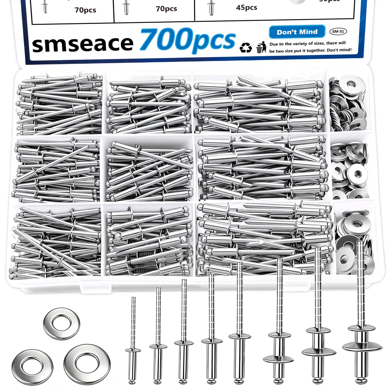 smseace Assortiment de 600 rivets pop en acier inoxydable avec rondelle - 8 tailles de rivets en acier inoxydable (0,6 cm, 1,5 cm, 8,9 cm, 3/16 cm) pour métal, meubles, automobile, instruments