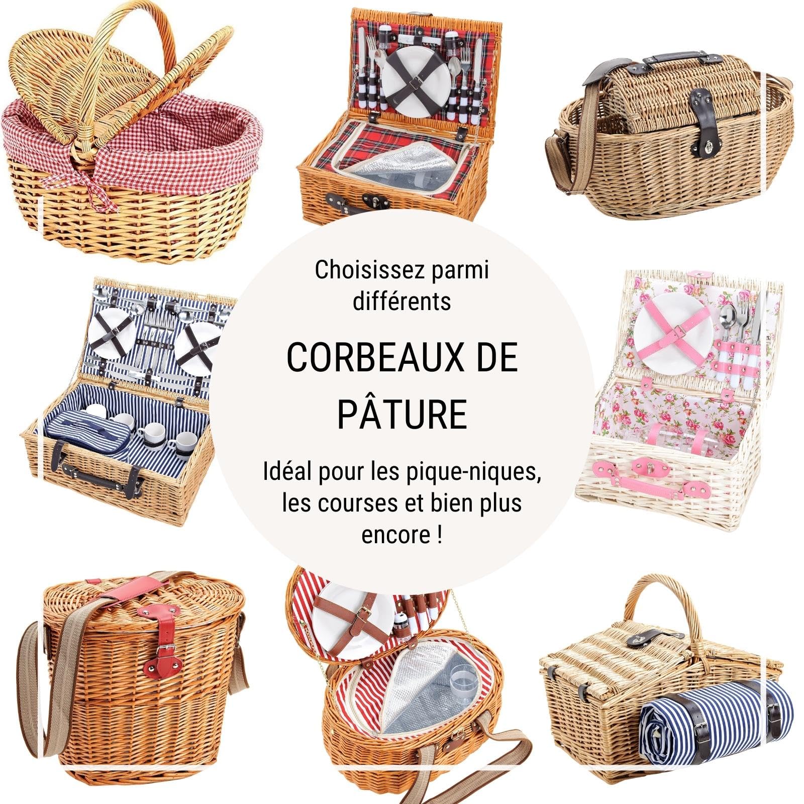 WOMA Panier en Osier Avec Doublure Rouge à Carreaux Blancs - Naturel Tressé Avec Couvercle & Anse - Pour Courses, Pique-Nique ou Cadeau
