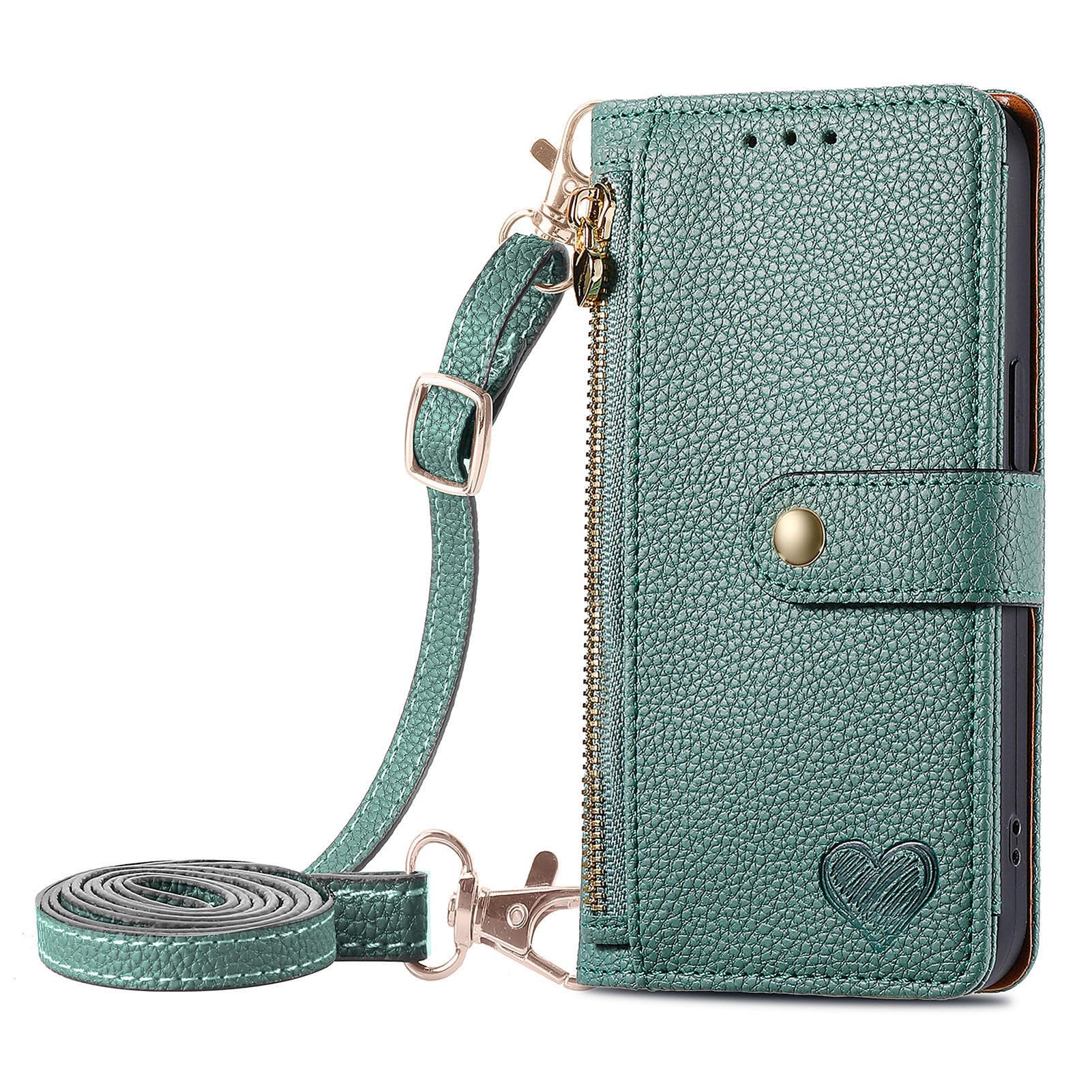 XYX Wallet Case for iPhone 13 Mini, RFID Blocking Crossbody Chain Zipper Purse Wrist Strap Love Heart Leather Case with 7 Card Slots for iPhone 13