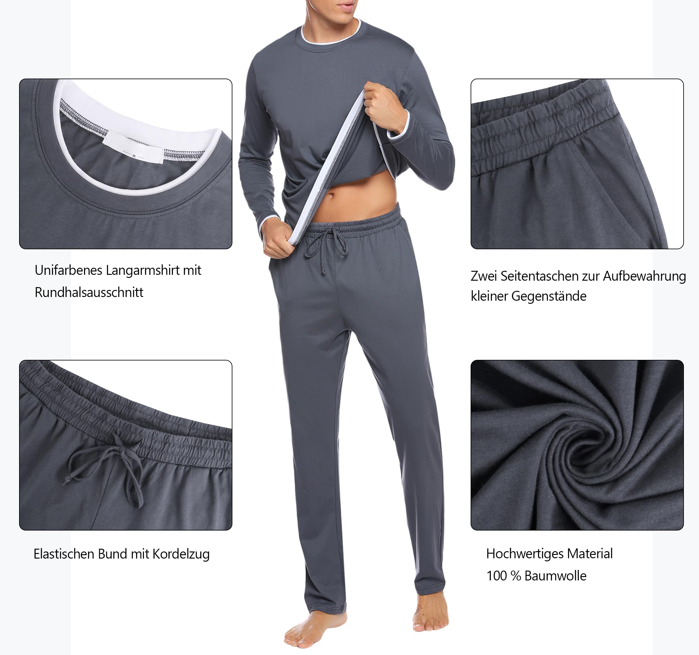 Aseniza Pigiama da Uomo Invernale, Pigiama a Maniche Lunghe in Cotone Semplice ed Elegante Pigiama Morbido Loungewear