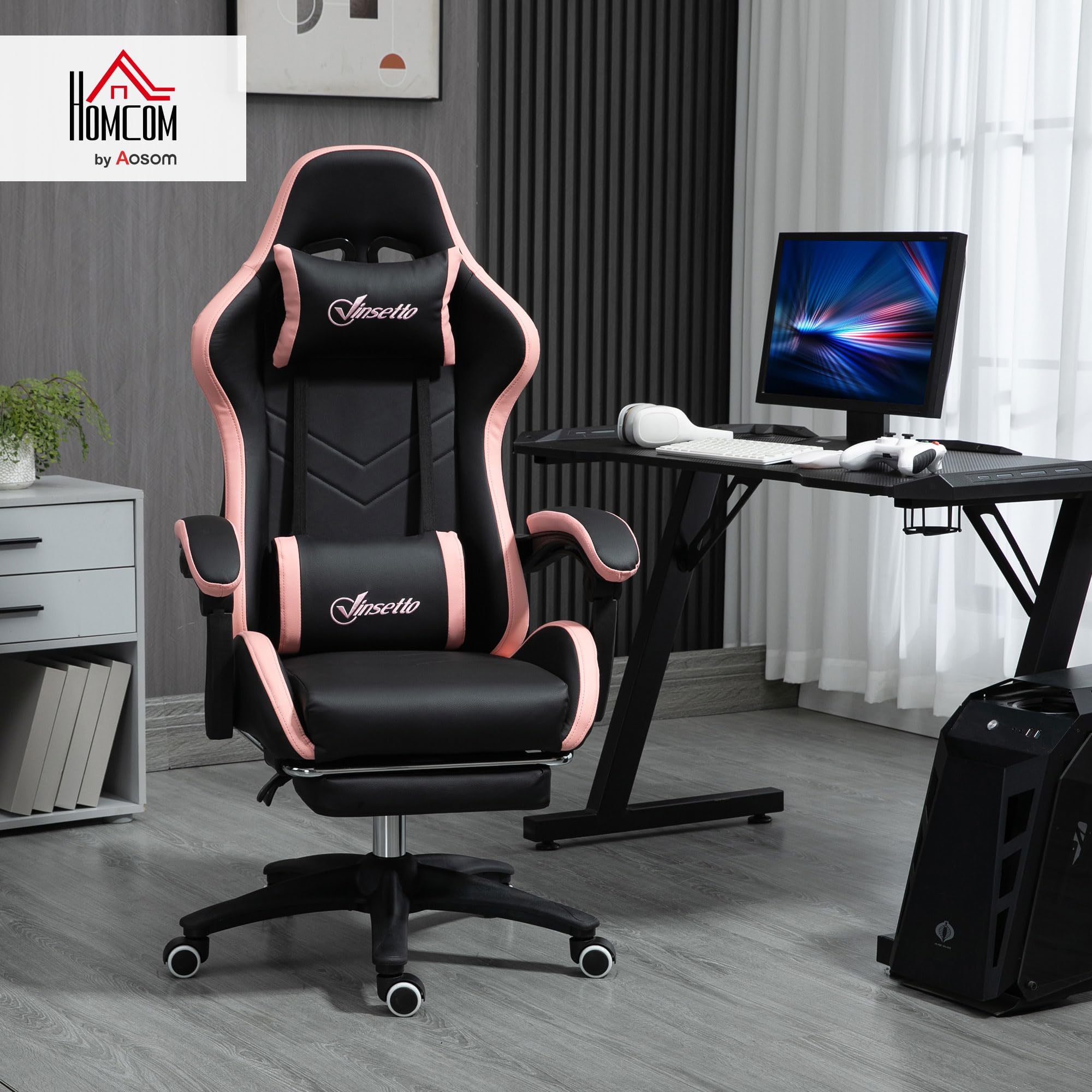 Vinsetto Chaise Gaming Ergonomique Repose-Pieds Télescopique Rose