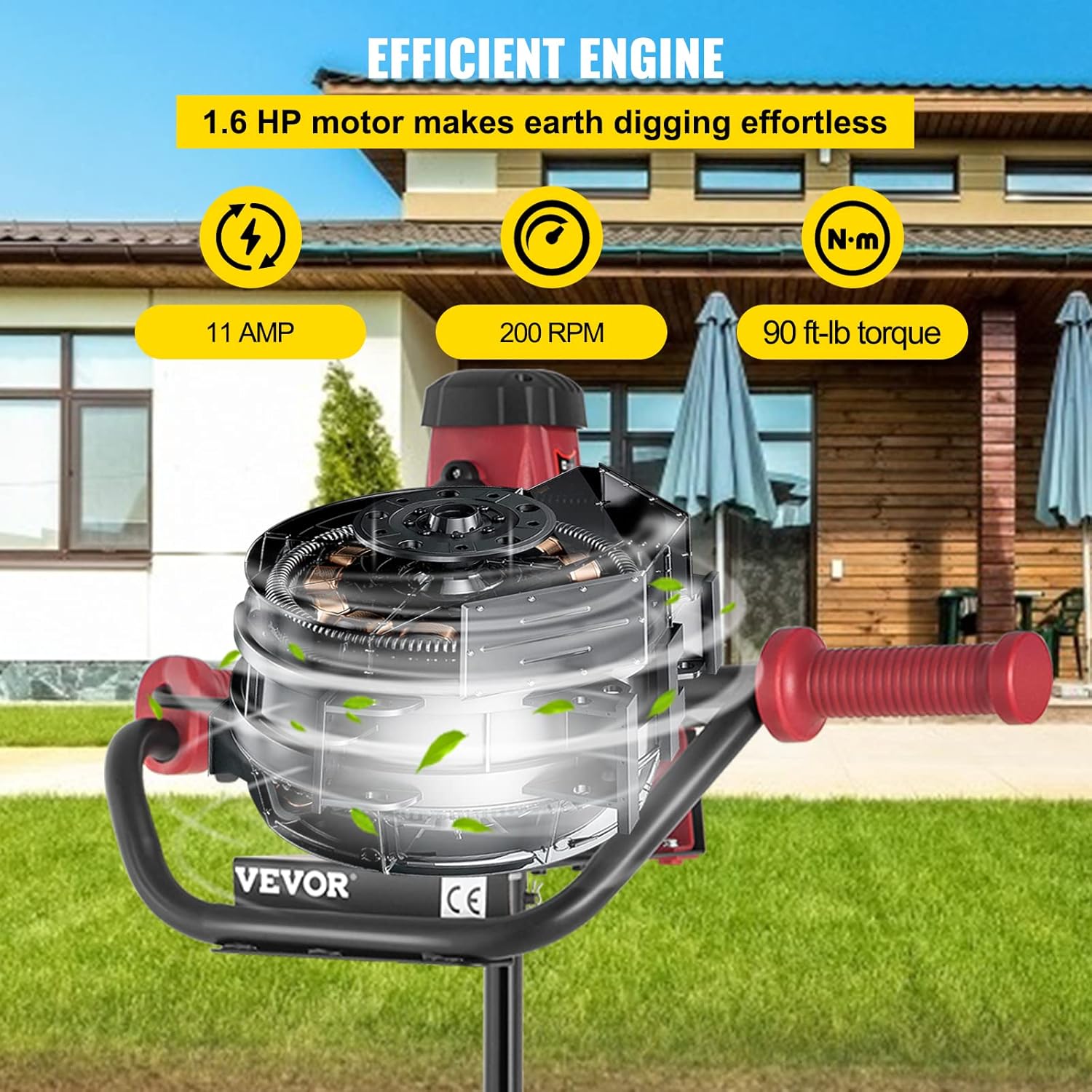 VEVOR Electric Post Hole Digger, 1500 W 1.6 HP Electric Auger Powerhead w/6" Bit, 39" Drilling Depth, Compatible with Earth Auger bit or Ice Bit, for Post Hole Digging, Drilling, Tree Planting : Patio, Lawn & Garden