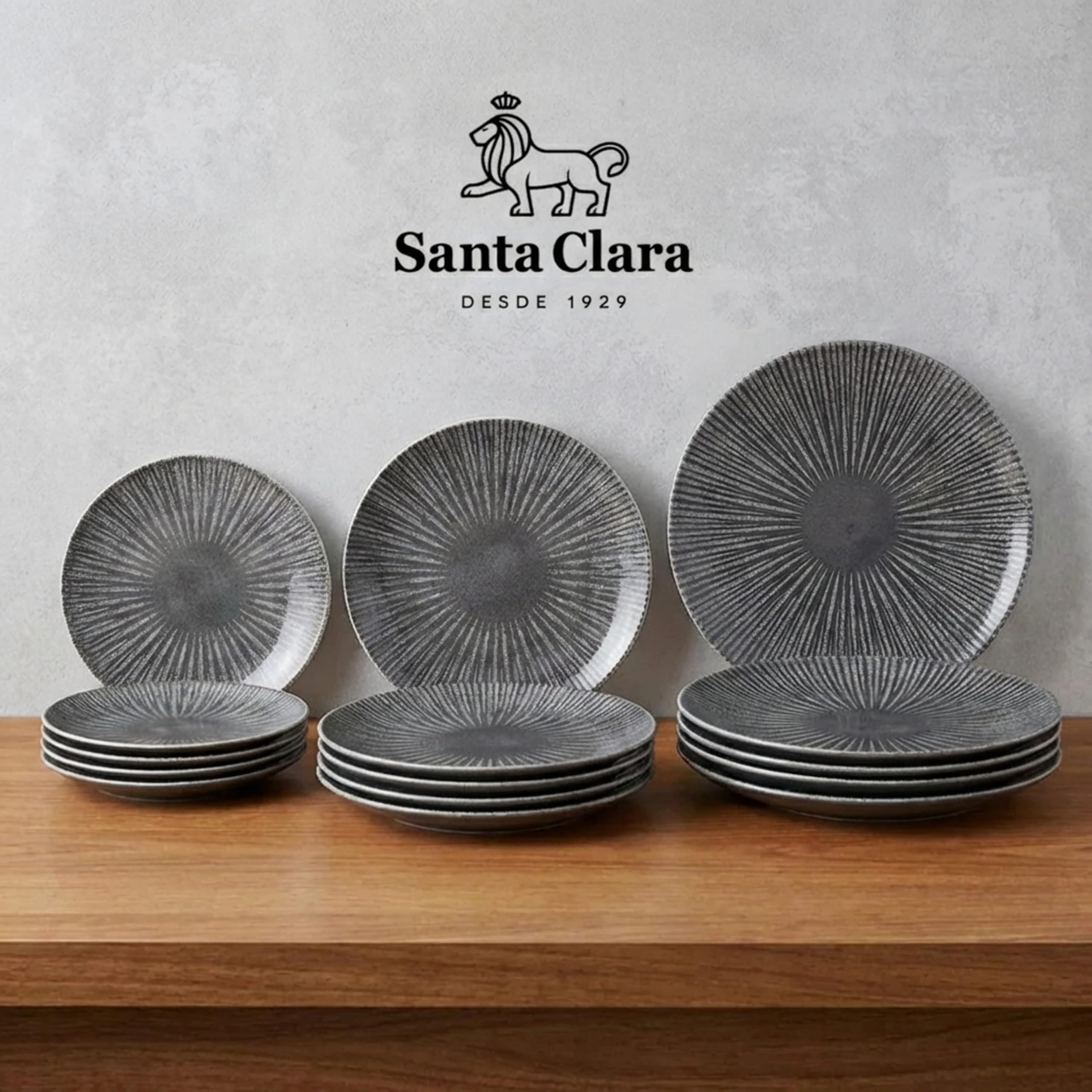 SANTA CLARA | Vajilla Completa 12 Piezas Porcelana Decorada para 4 Personas, Apta Microondas y Lavavajillas, Vajilla Electra Grafito para Hogar y Cocina