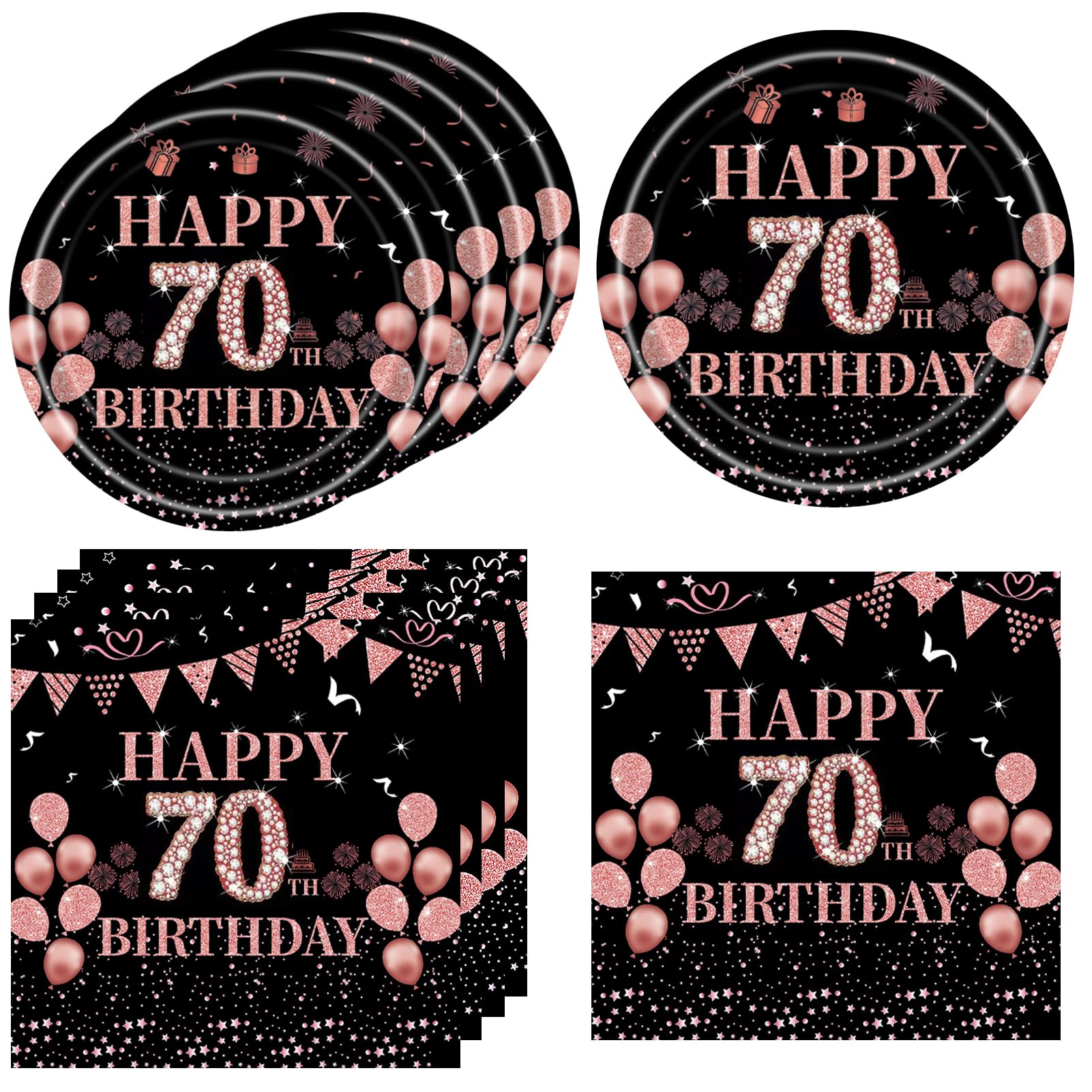 70th birthday decorations for women Black and Rose Gold Pink Birthday supplies Plates and Napkins,Vintage 1953 Aged Birthday Party Decorations