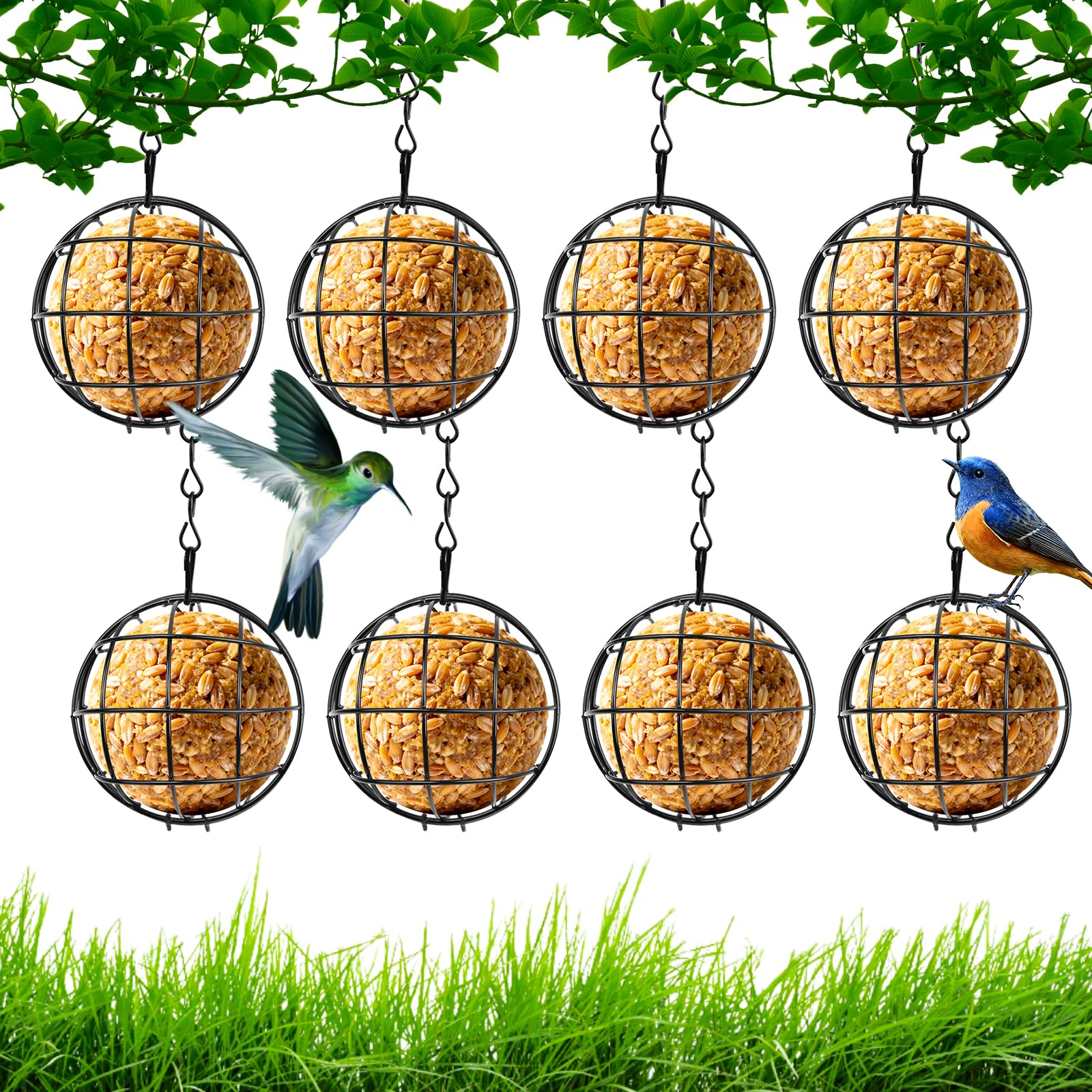 Soporte para bolas de masa para pájaros, 8 unidades, 7 cm, metal para pájaros, comedero para pájaros, soporte para bolas de carbonero, soporte para bolas de maíz con gancho para colgar para aves