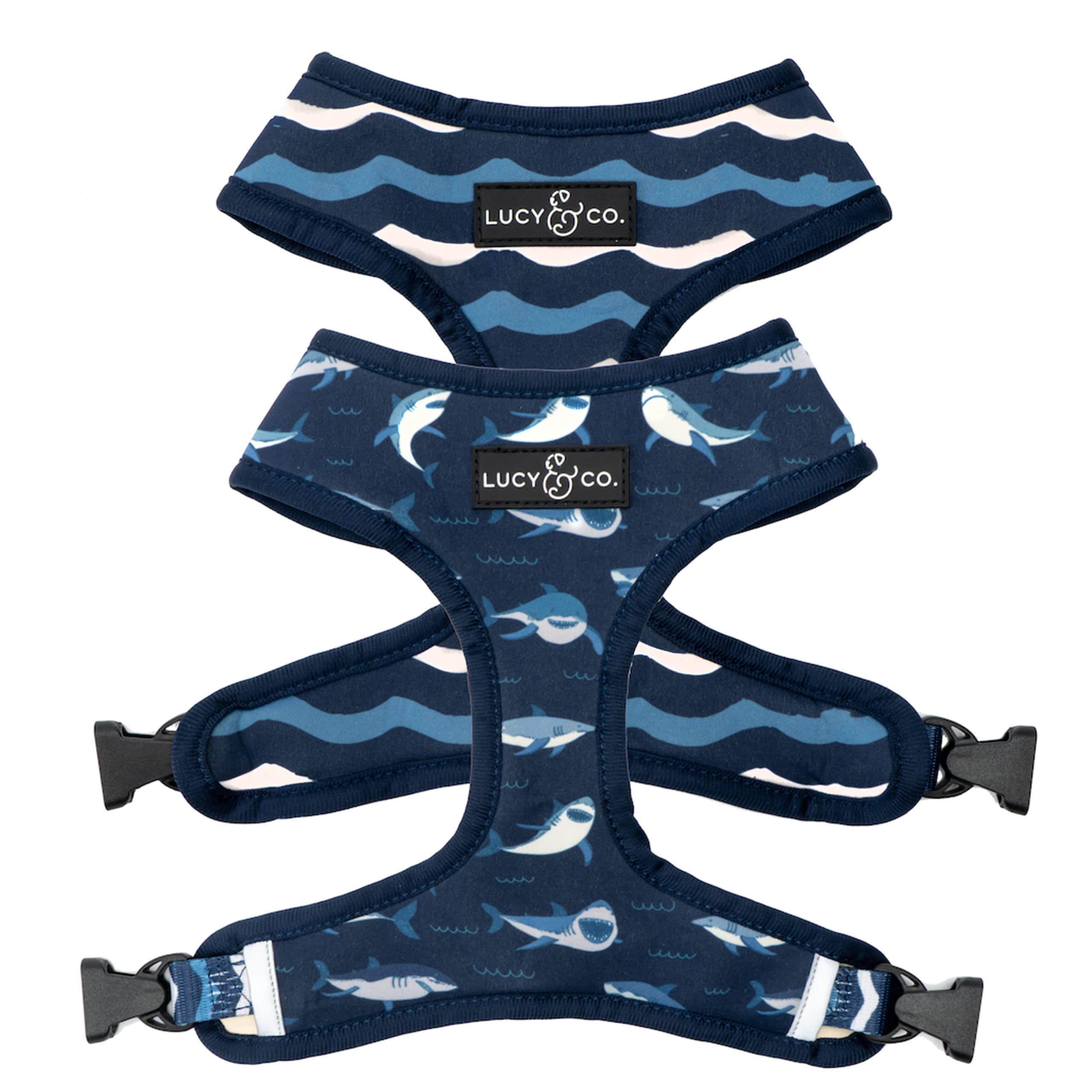 Reversible Dog Harness Walking Halter - Best Designer Pet Harnesses for Extra Small Medium Large XL Dogs Plus Pug Breeds - Padded Adjustable Puppy Vest for Easy Walking (X-Large, Shark Attack) — image 1