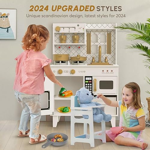 Miniatura 4 de BIERUM Juego de cocina con luces y sonidos realistas, juego de cocina de madera para niños pequeños, cocina de juguete con 26 accesorios de comida y