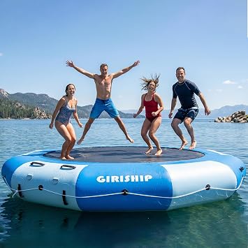 Inflatable Water Trampoline for Lake, 8/12FT Heavy Duty Floating Lake Trampoline for Water with Pump & Ladder, Ocean Pool Jumping Platform for Family & Adults