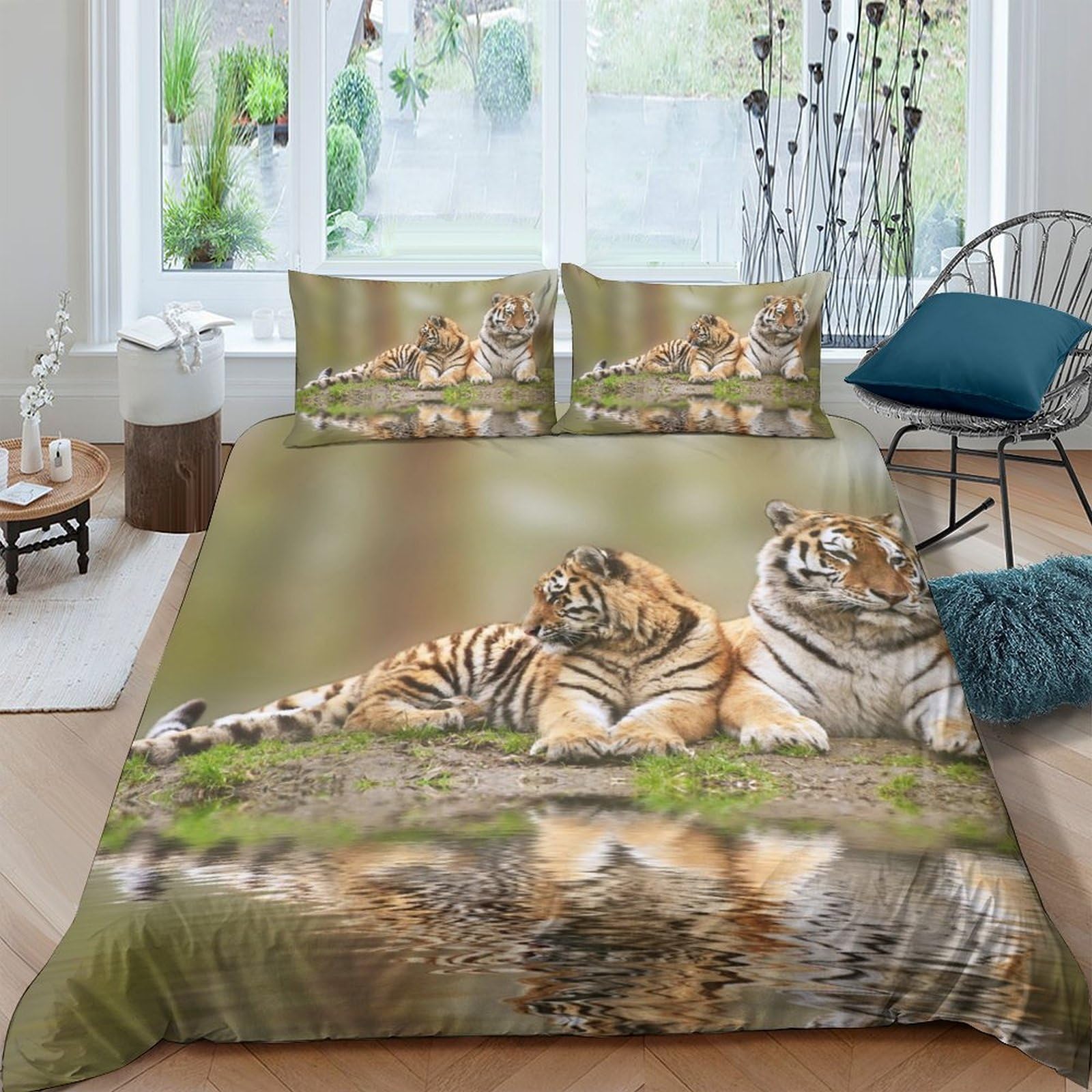 Ctjqhvkz Style-9 3D Printed Tiger Reflection Fitted Sheet Microfiber Soft Brown Wild Animal Bed Cover For Bedroom Guest Room Decor Single（135X200cm）