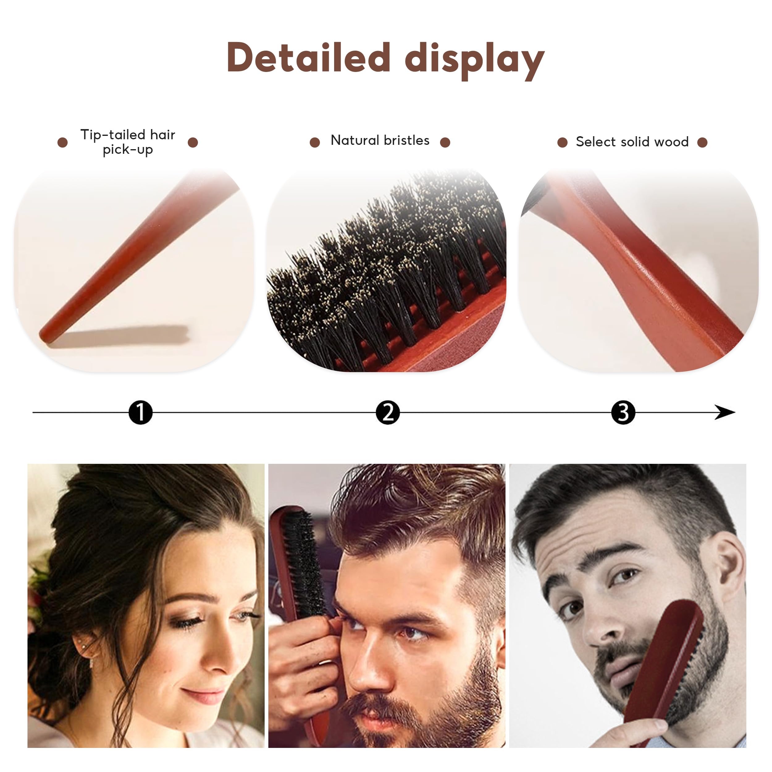 5 PCS Boar Bristle Hair Brush Set for Slick Back Styling - Teasing Brush for Thin or Thick Hair, black - Image 3