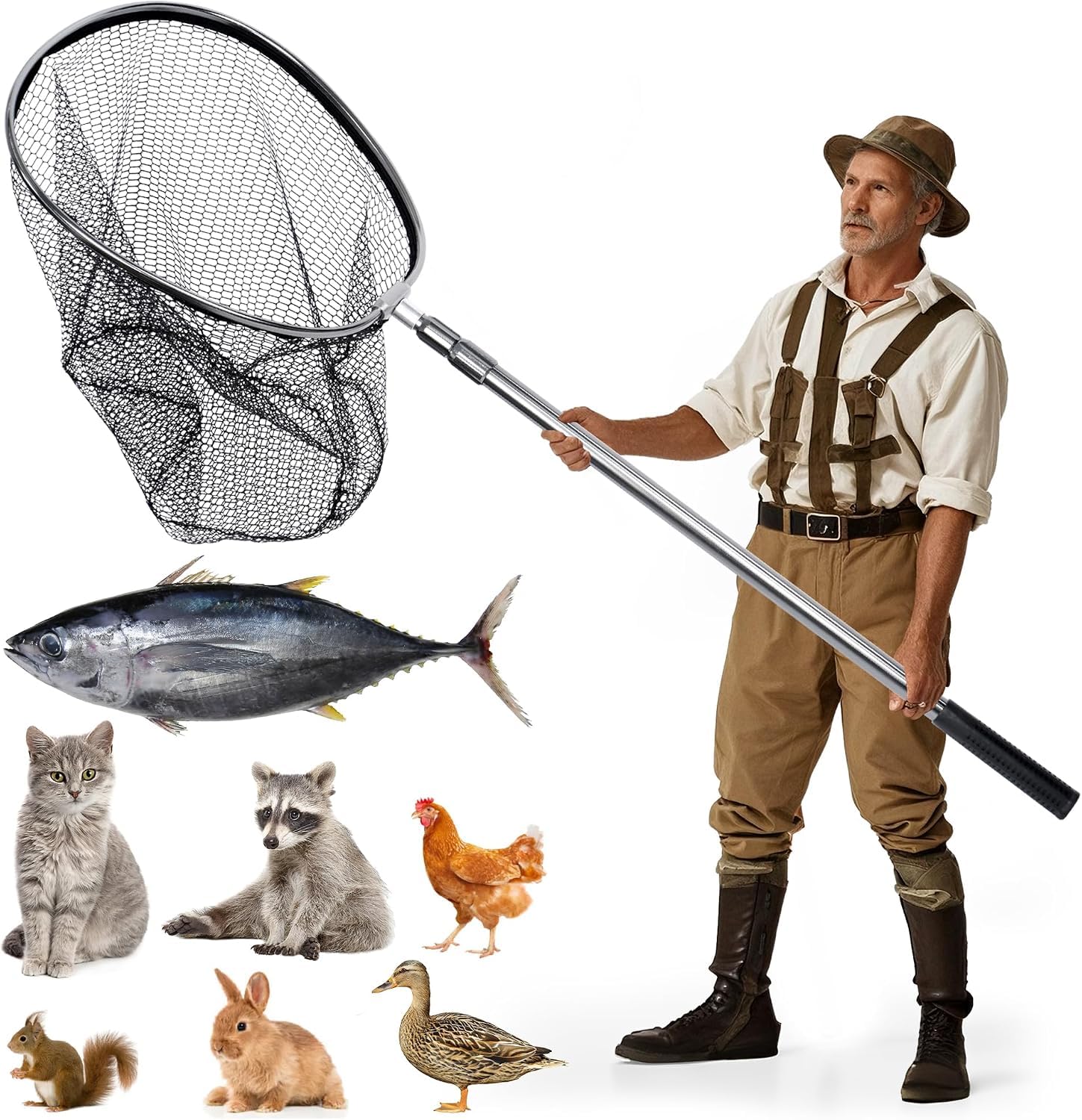 Großes Fischernetz mit Teleskopgriff, Gummi-Fischnetz, Aluminium-Fischkescher für Süß- und Salzwasser, ausziehbar auf 144,8–279,4 cm, mit 50,8 cm Netzöffnung