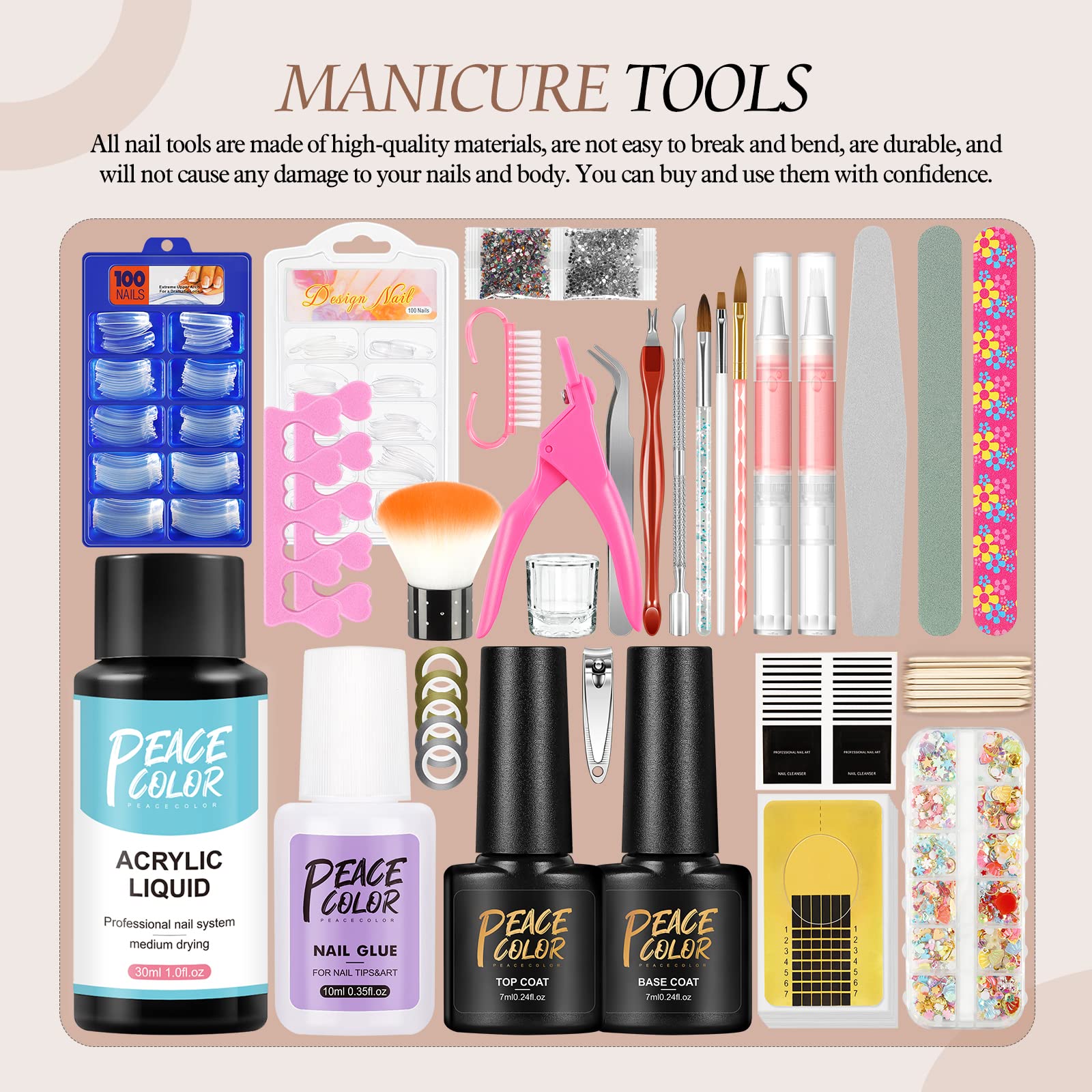 PEACECOLOR Poudre Acrylique Pour Ongles kit avec lampe à ongles 36W, 3Pcs Poudre Acrylique et Liquide acrylique, lime a ongle electrique, Convient Aux Débutants et Aux Professionnels