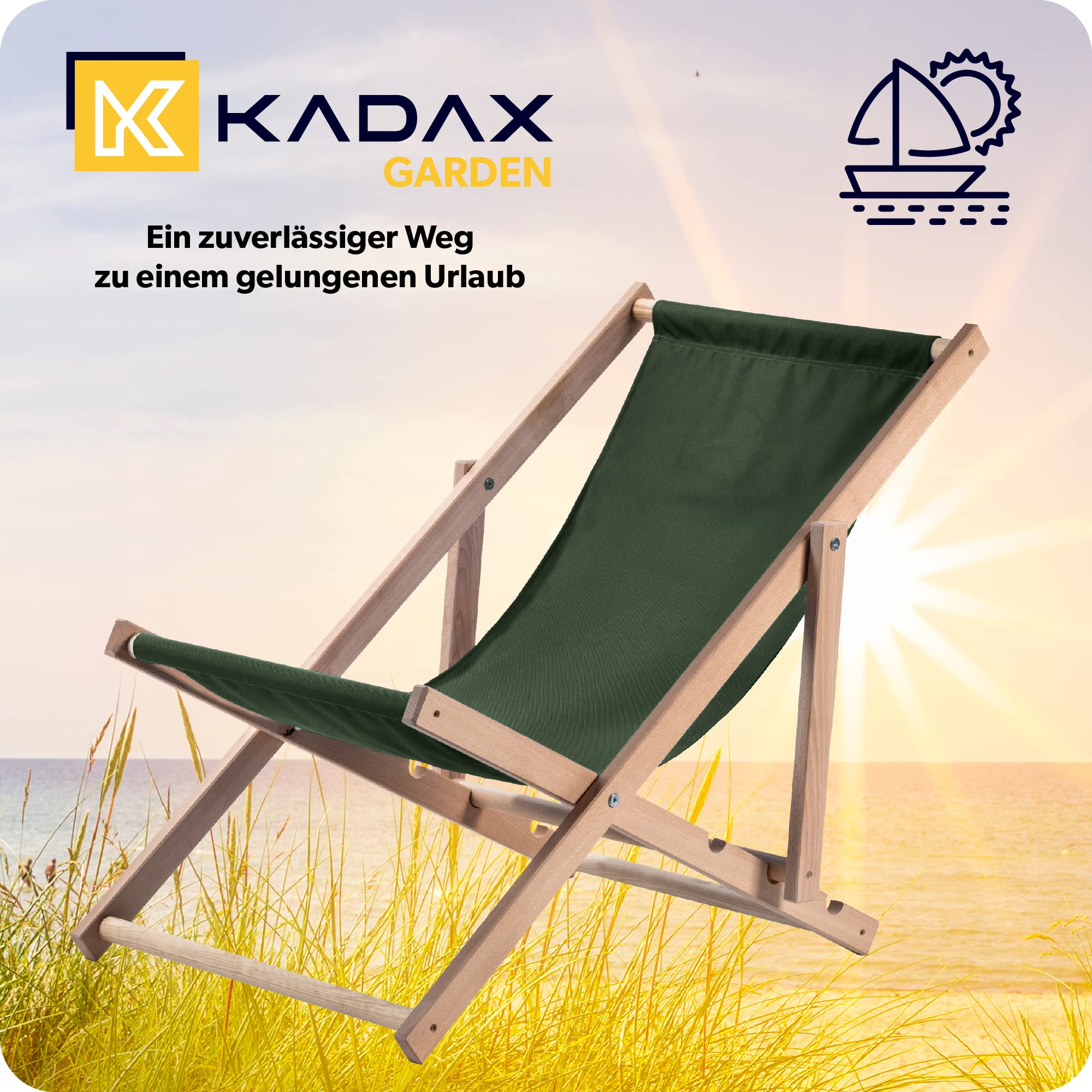 KADAX Liegestuhl, Strandstuhl aus Holz, Sonnenliege bis 120kg, Liege aus Buchenholz, Holzklappstühle, Strandliege, Klappliege für Strand, Holz-Liegestuhl (Dunkelgrün)