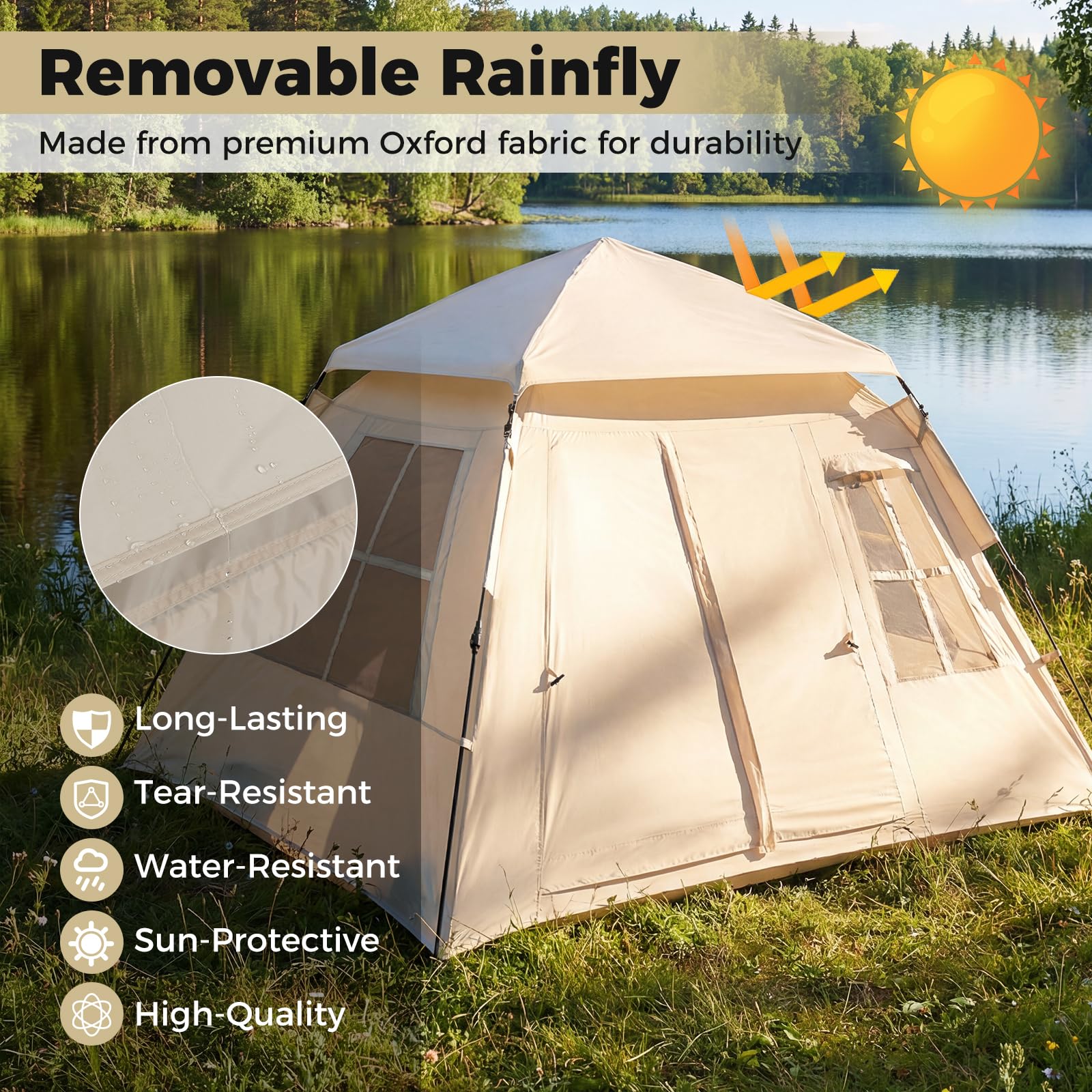 SOARS Tenda da Campeggio 3-4 Persone, Tenda Familiare con 4 Finestre Antizanzare Traspiranti e 2 Porte, Telo Antipioggia Rimovibile e Protezione Solare, Facile da Montare