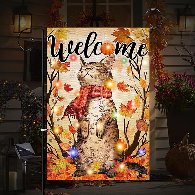 Amazon.com: Light up Cat Thanksgiving Fall Garden Flag, Solar LED ...