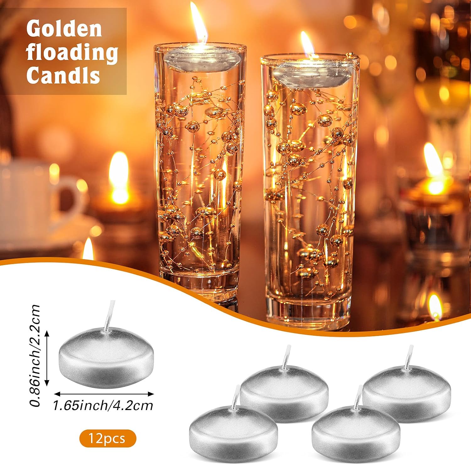 Nuanchu 12 Pieces 1. 65 Inch Floating Candles for Wedding Centerpiece, Small Unscented Floating Round Tealights Metallic Smooth Wax Disc Candles for Graduation Dinner Home Decor(Silver)