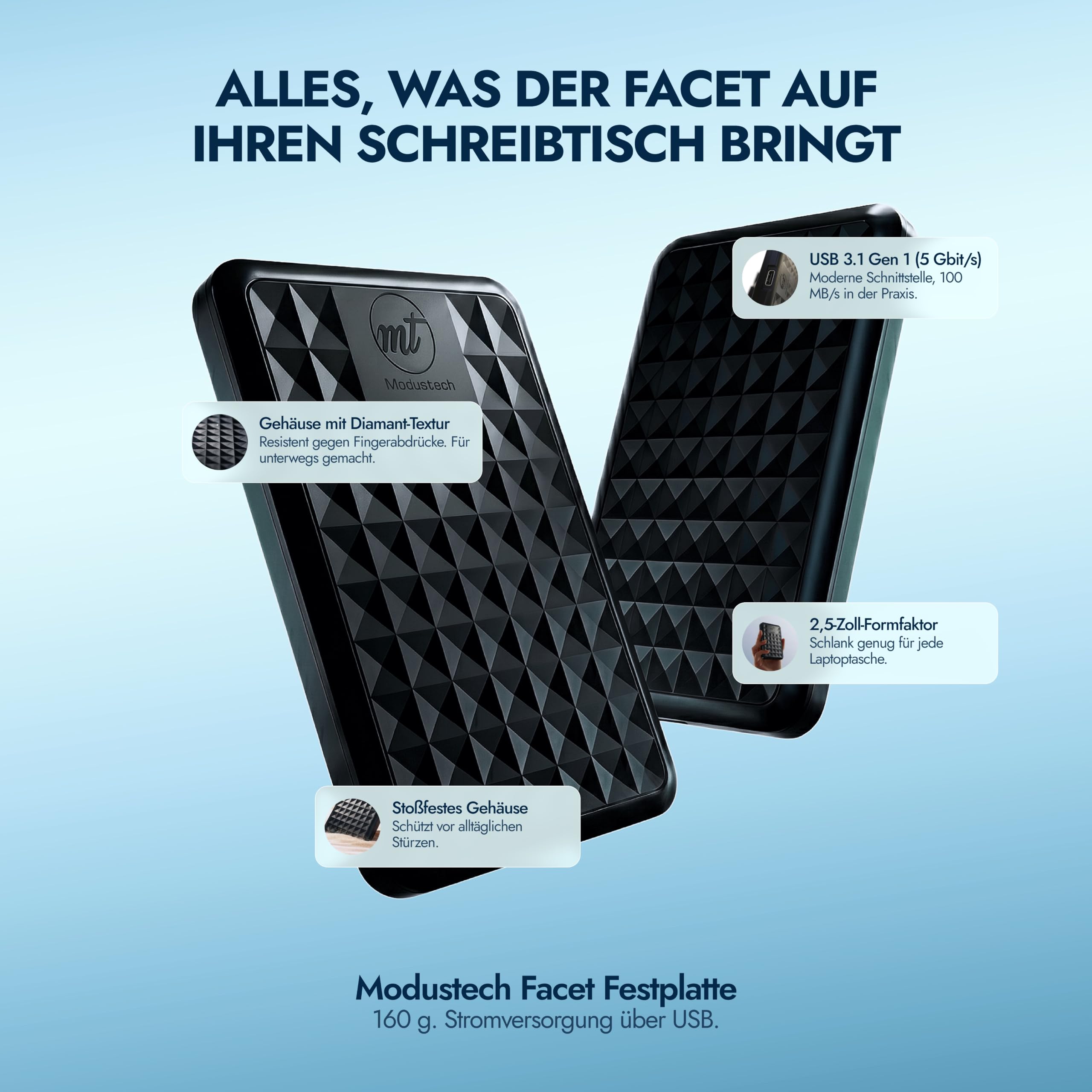 ModusTech Facet 1TB Externe Festplatte Tragbar USB-C/USB 3.1 5Gbps — Kompakte High Speed HDD für Backup, Datensicherung, Gaming, PC, Mac, Laptop, PS4, Xbox, Smart TV (Blau)