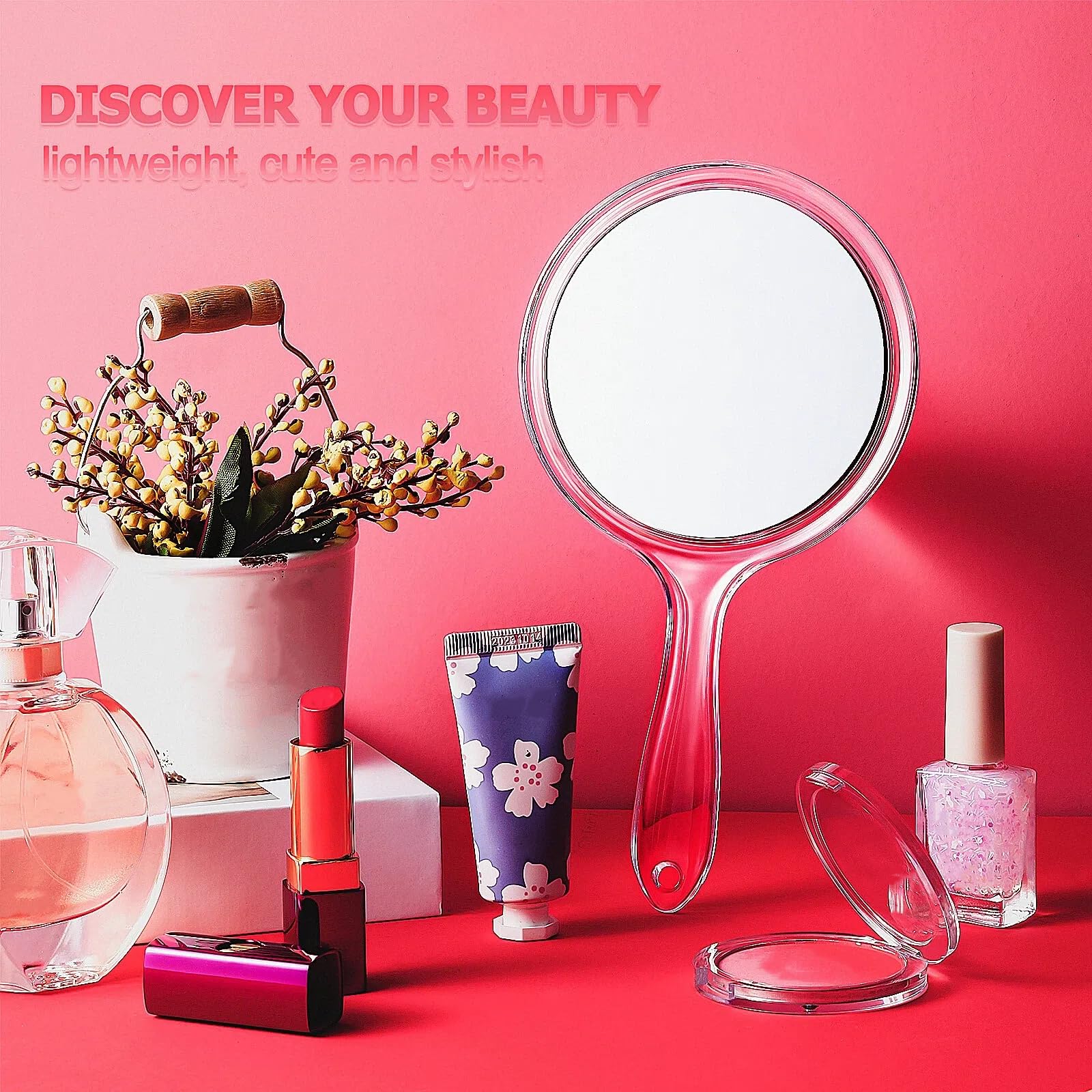 Miroir à Main Double Face 1X/3X - Poignée Rose - Pour Maquillage Précision - Miroir Coiffeur Portable