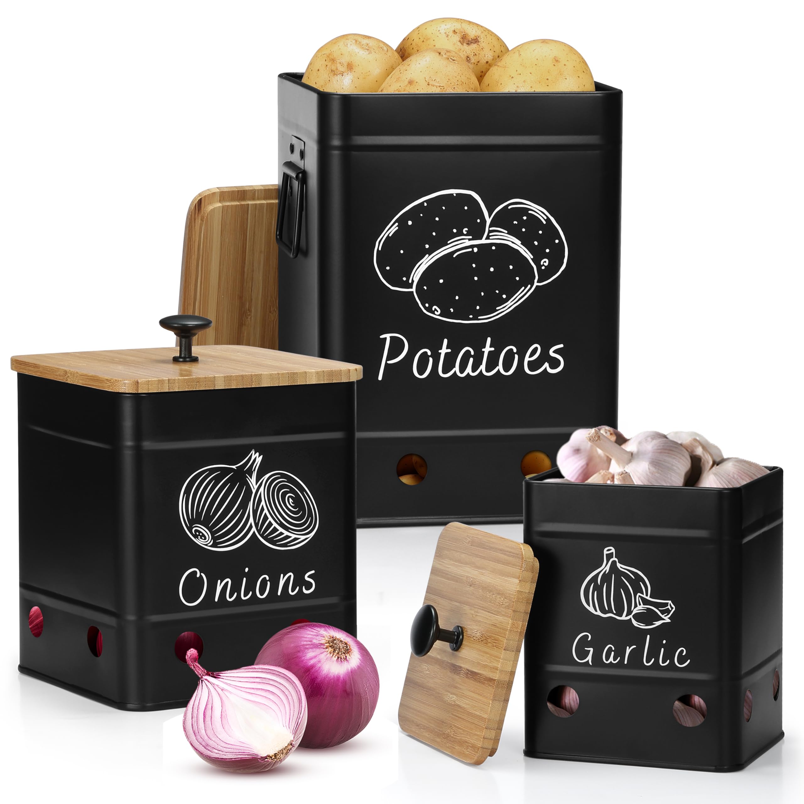 Perfnique Black Kitchen Vegetable Storage Container, Potato Onion Garlic Storage Bin Set Of 3 For Countertop Pantry, Metal Canisters Organization Keeper Holder Tin With Aerating Holes And Lid (Black)