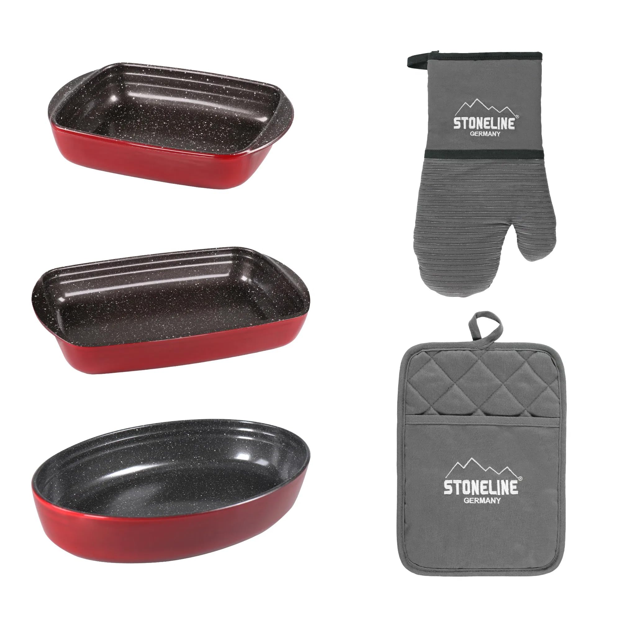 STONELINE Lot de 5 plats à gratin en verre borosilicate antiadhésif avec véritables particules de pierre carrées et ovales, gants de four en coton, lavables, antidérapants, gris