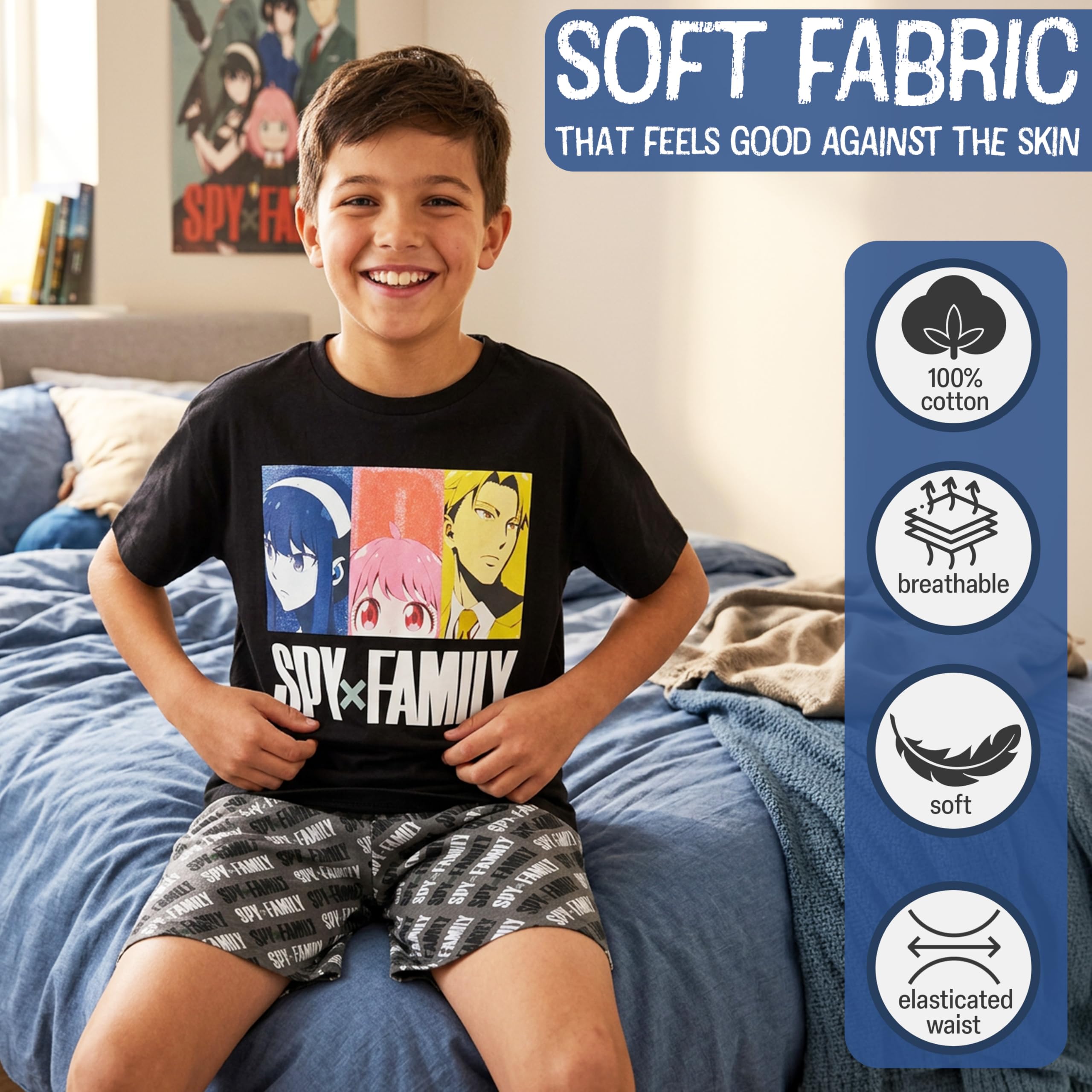 Get Trend Jujutsu Kaisen | Hunter x Hunter | Spy x Family Pijama Niño Verano, 7-16 Años, 100% Algodón, Conjunto de Camiseta Manga Corta y Pantalones Cortos