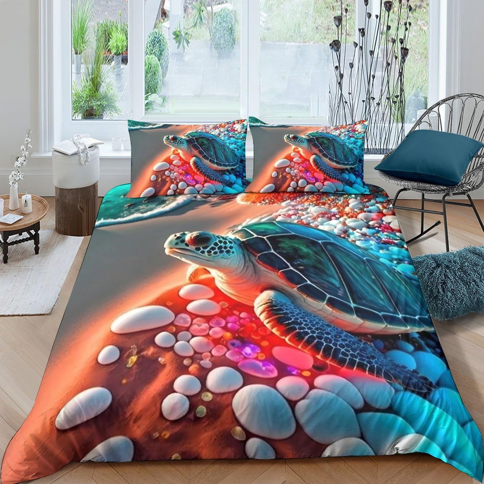 Ctjqhvkz Style-2 3D Printed Sea Turtle Ocean Fitted Sheet Microfiber Soft Mattress Cover Colorful Coral Pebbles Decor Bedroom Single（135X200cm）